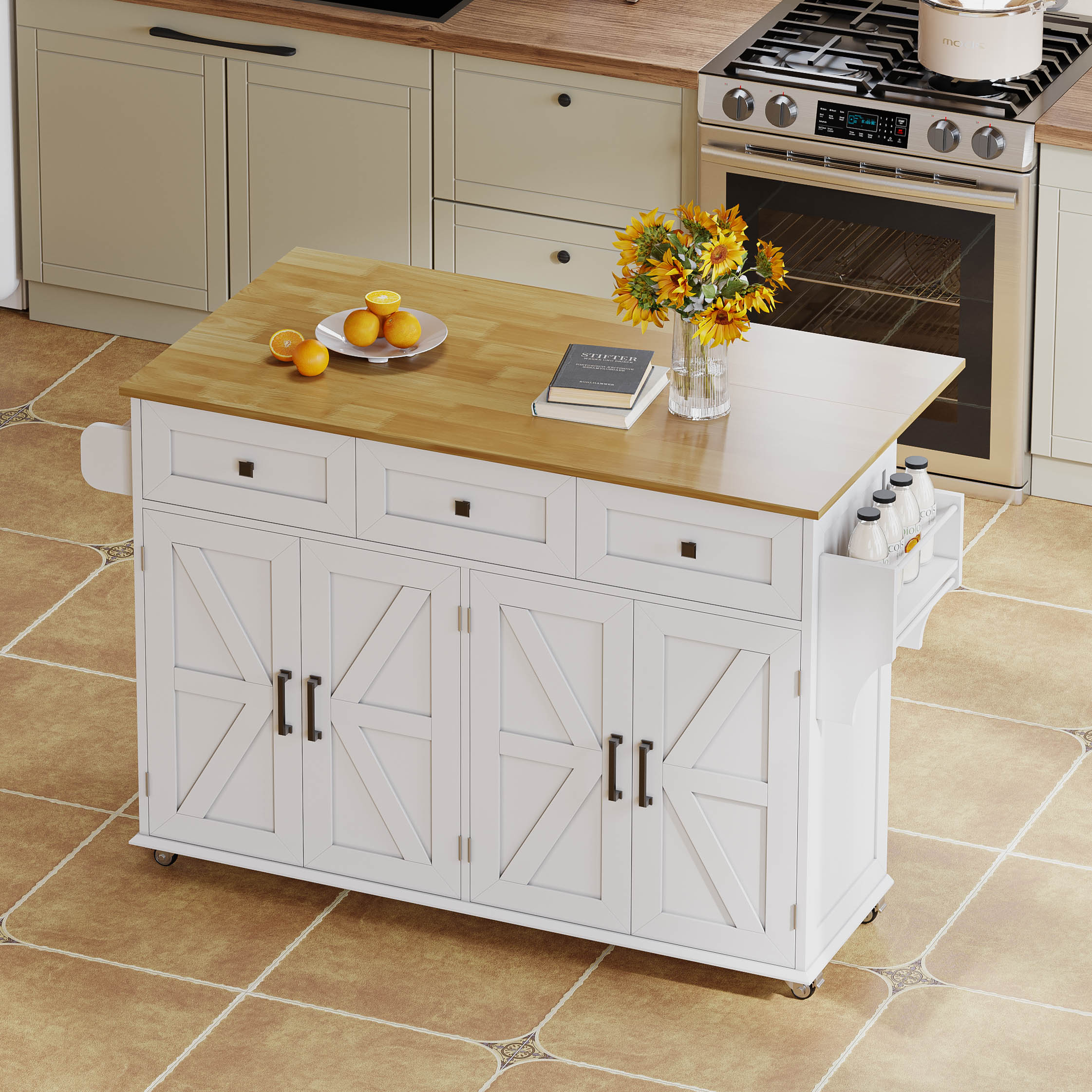 Kitchen Island Fold-Down Worktop 4 Doors 3 Drawers Barn Style with Casters - White