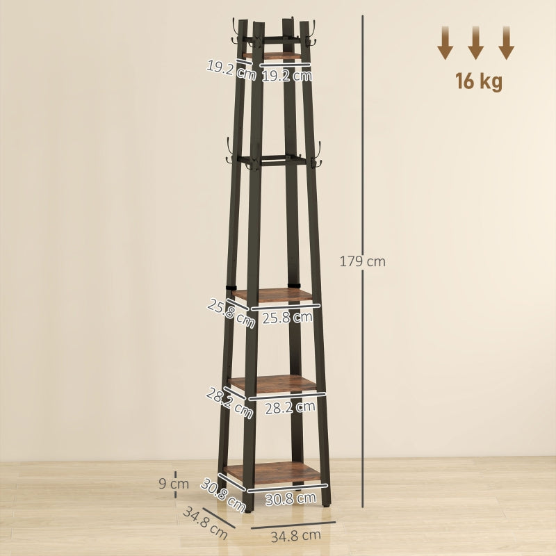 Coat Stand, Four Shelf Industrial Style - Brown/Black