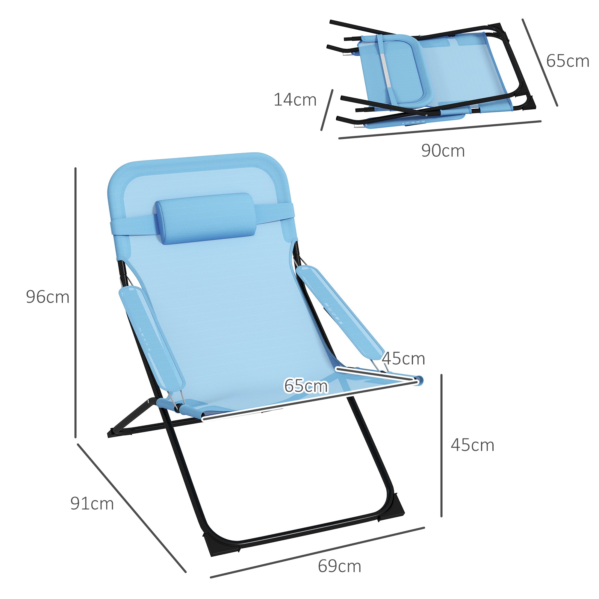 Folding Chair Adjustable Backrest Camping Pillow Mesh Blue