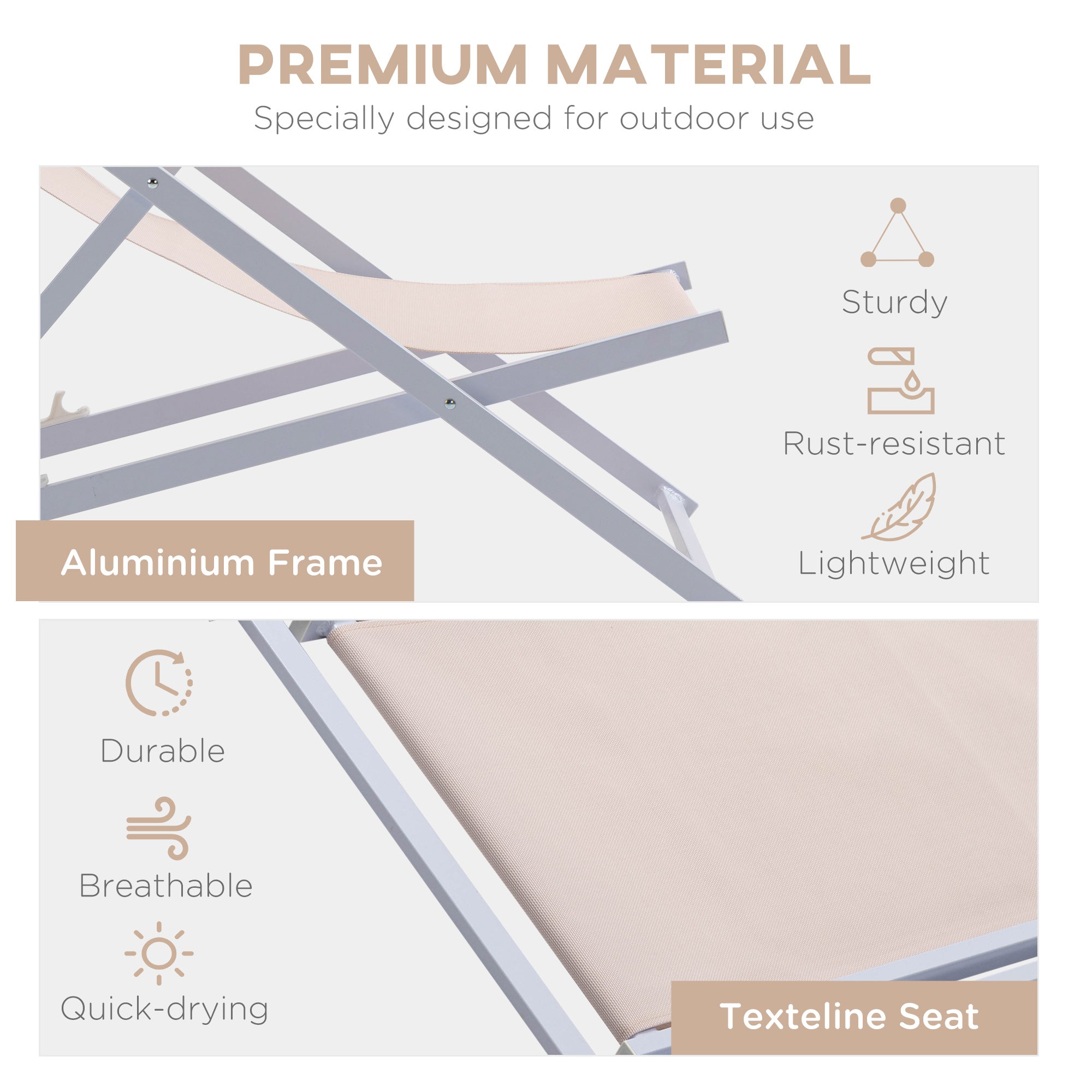 Set of 2 Folding Deck Chairs, Aluminum Frame Lounger, Beige