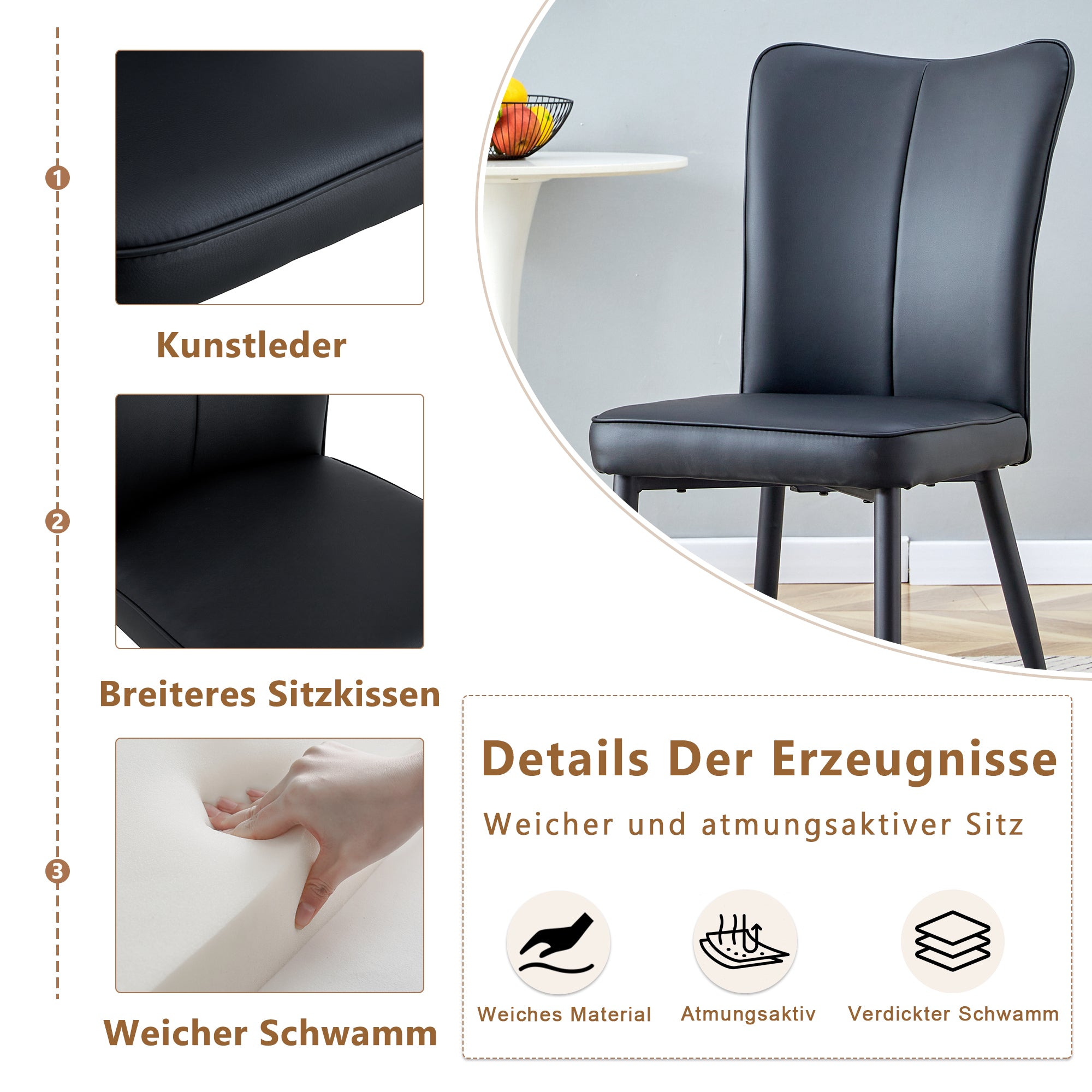 2 Dining Chairs, Modern Design 89cm High Set, Black PU