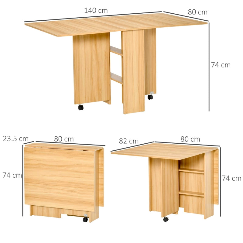 Folding Dining Table, Drop Leaf Small Spaces with Storage Shelves, Teak