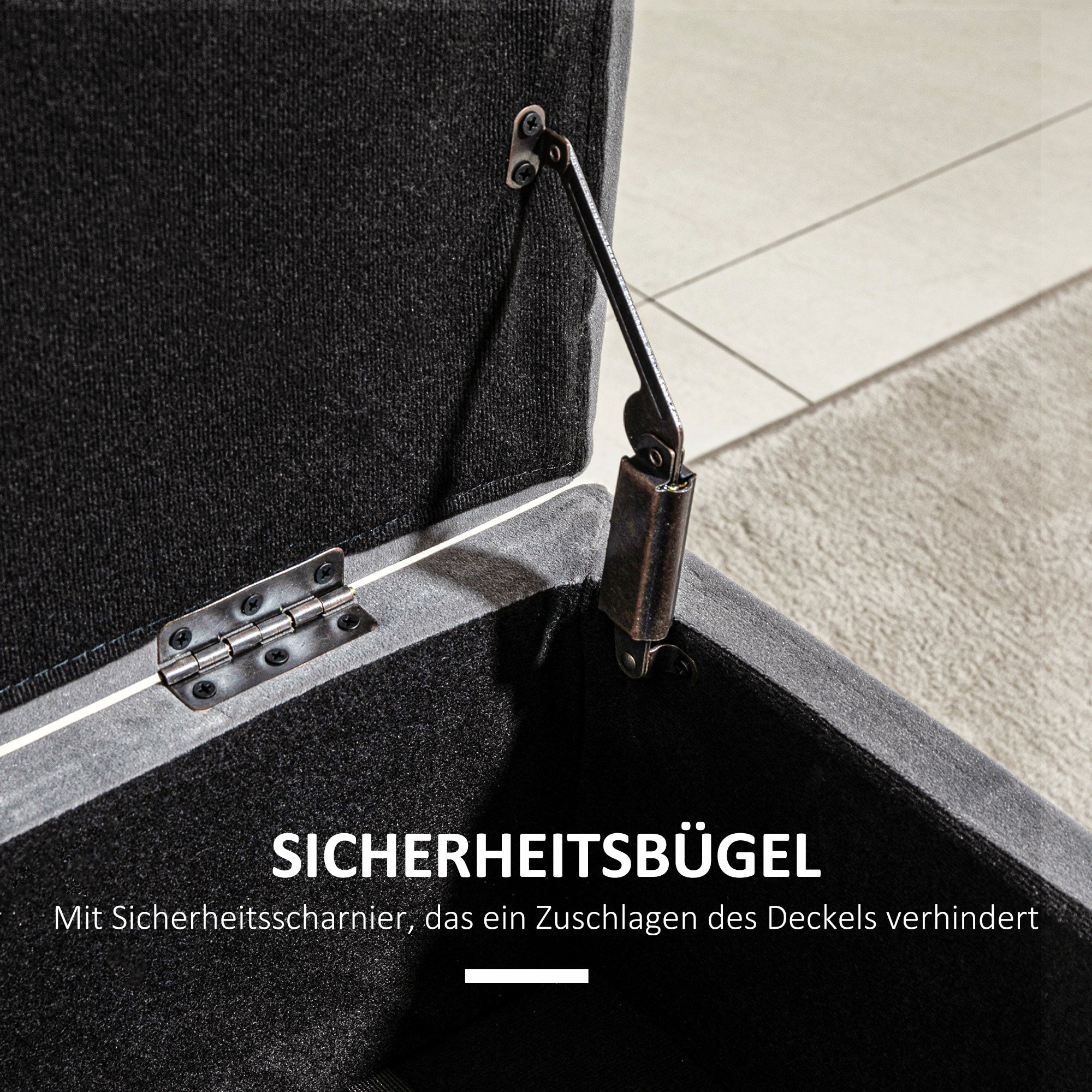 Upholstered bench with storage space, metal and rubber wood, charcoal grey