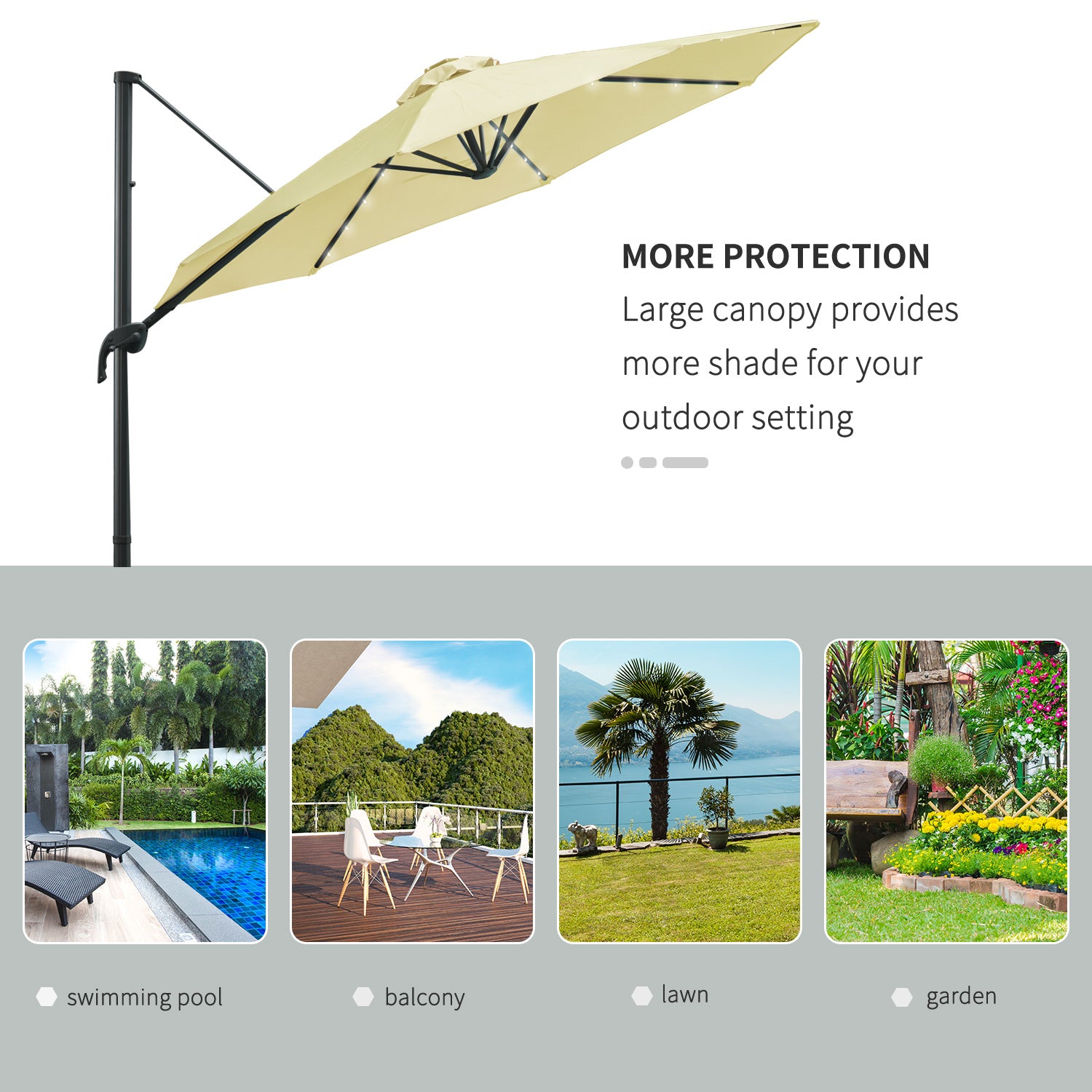 3m LED Cantilever Parasol Sun Umbrella with Base and Solar Lights, Beige
