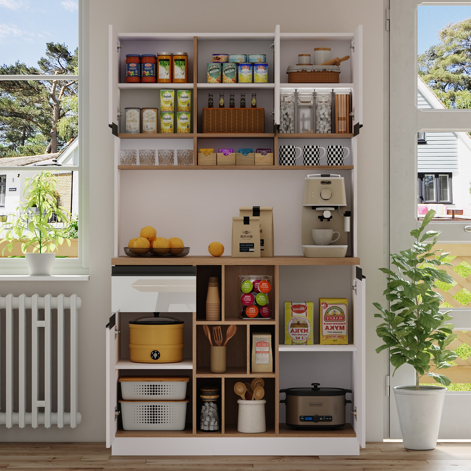Modern Kitchen Cabinet with Drawers Adjustable Shelves Open Storage - White