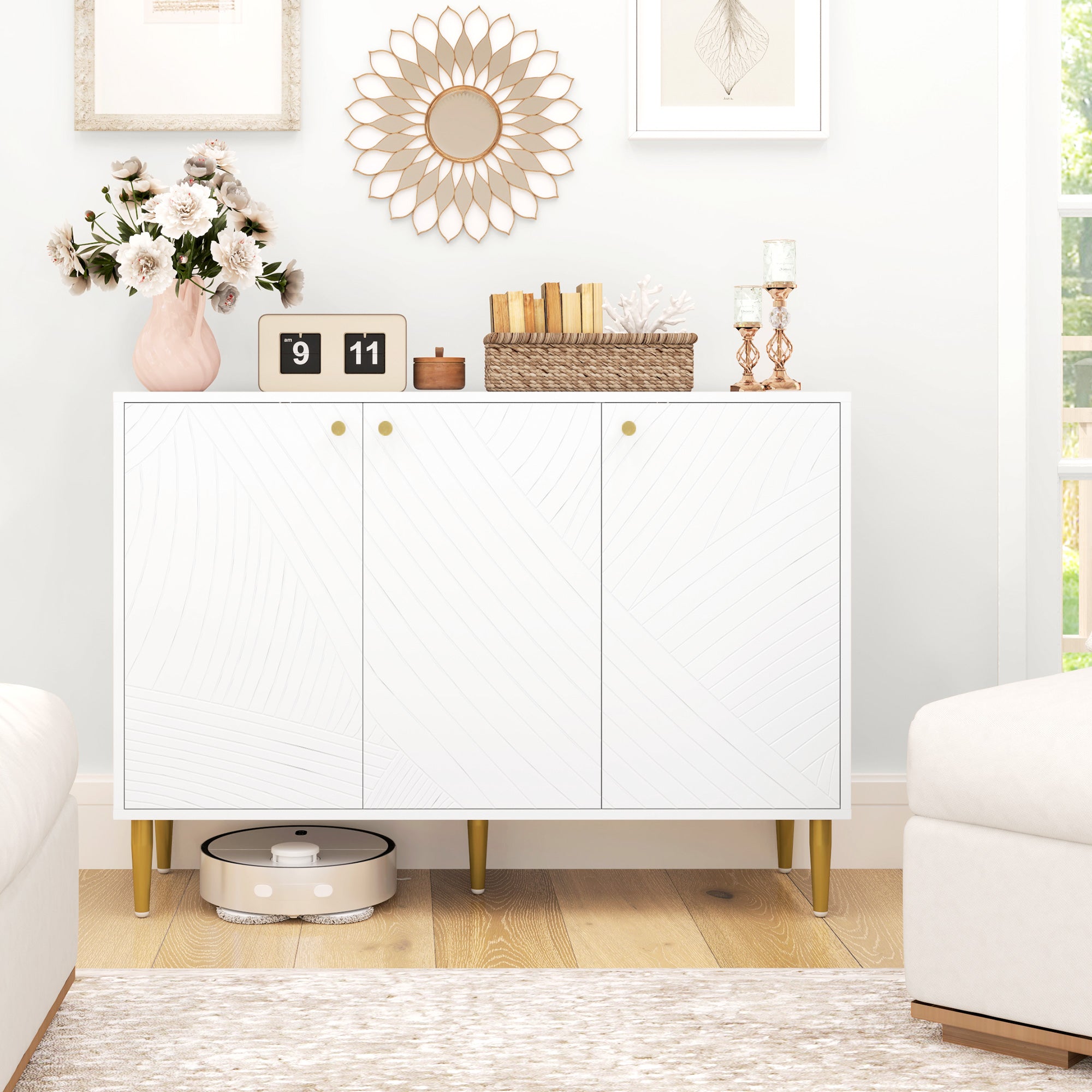 Elegant Sideboard Two-Cupboard White/Gold-Tone