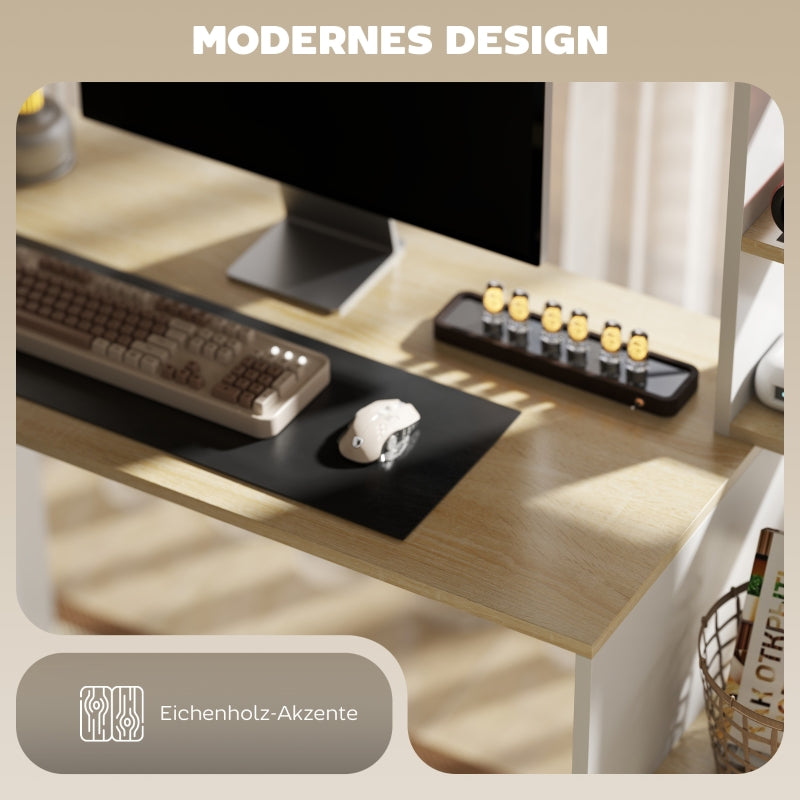 Desk, Computer Office Table with Open Shelves, CPU Stand, Steel Frame, Oak