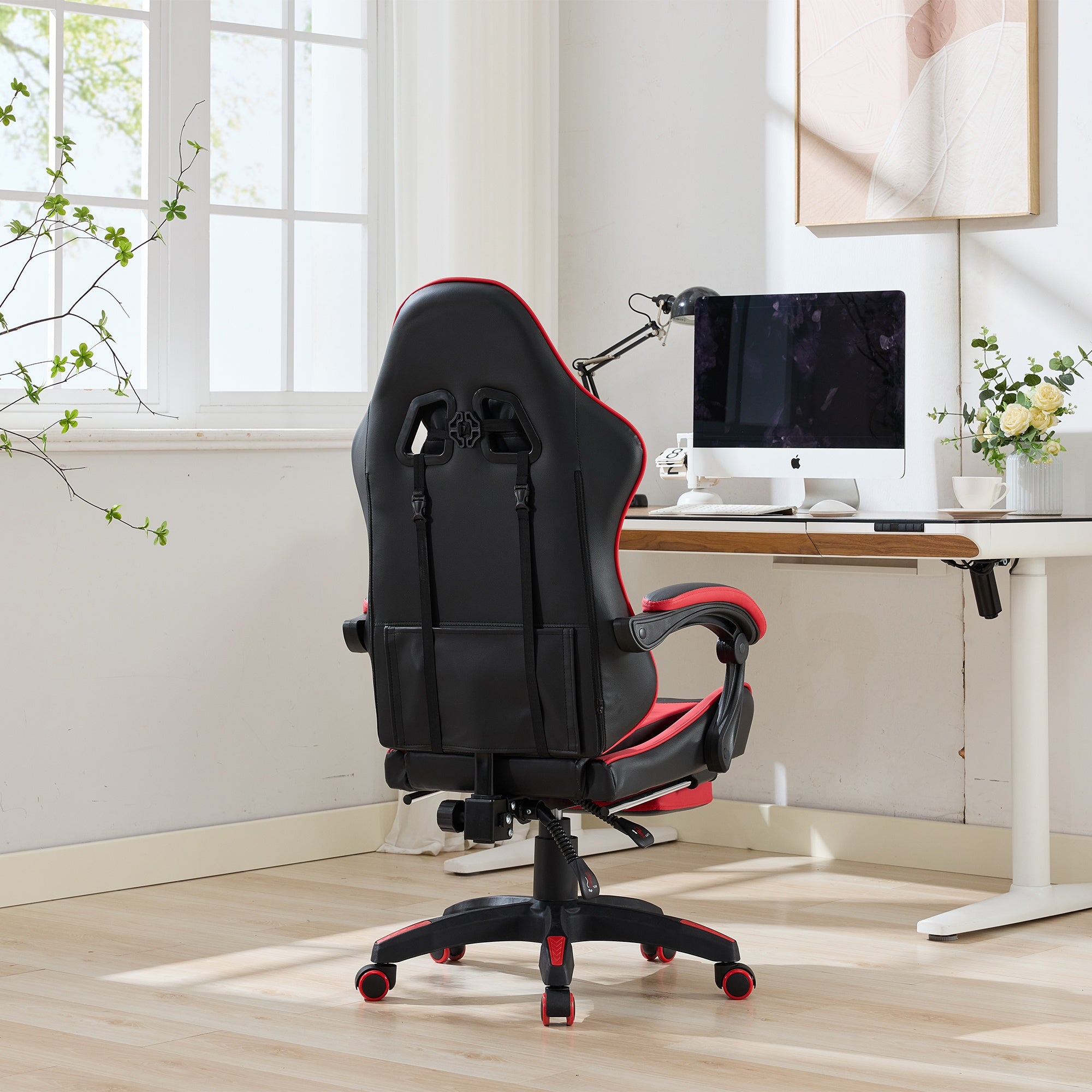 Racing Gaming Chair High-Back Ergonomic Swivel with Footrest Headrest Lumbar Support Leather Black & Red