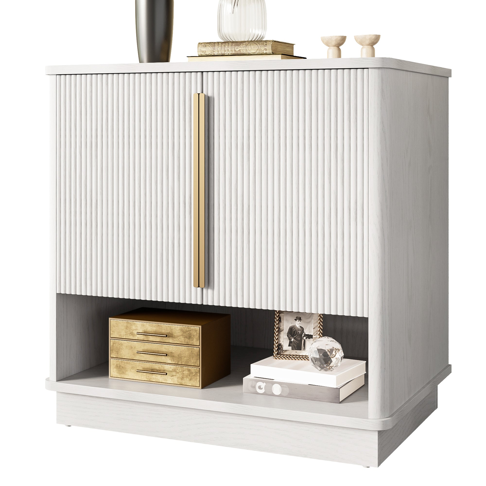 Modern Shoe Cabinet, Space-Saving with 2 Doors and Open Compartment, White