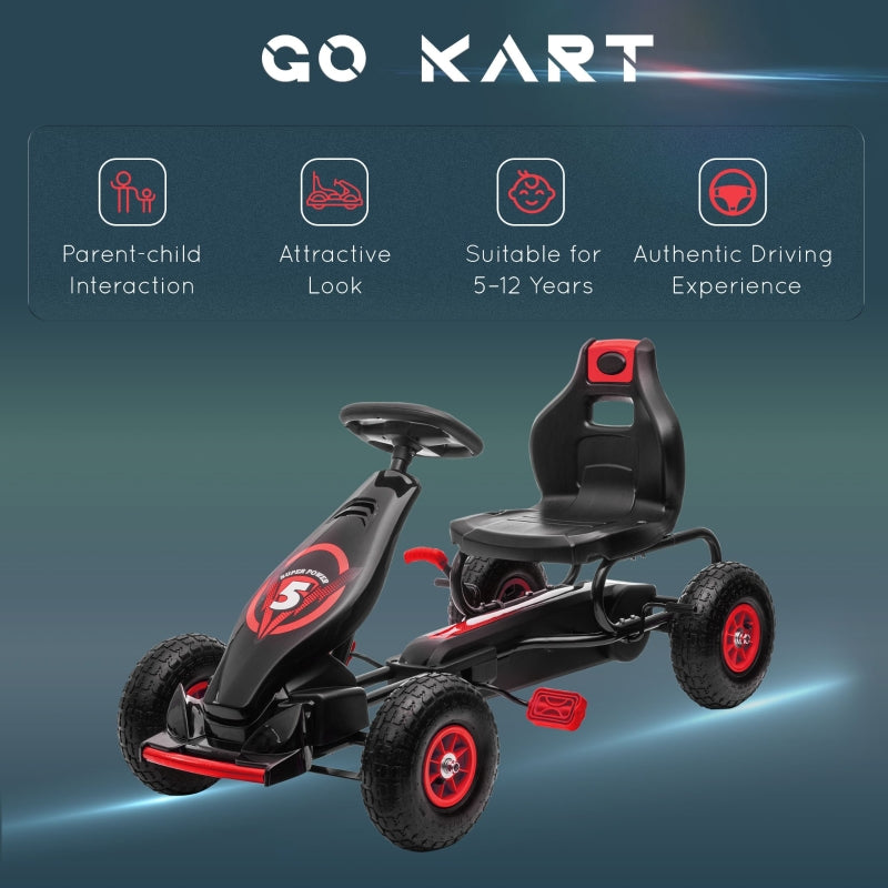 Kids Pedal Go Kart, Adjustable Seat, Inflatable Tyres - Red