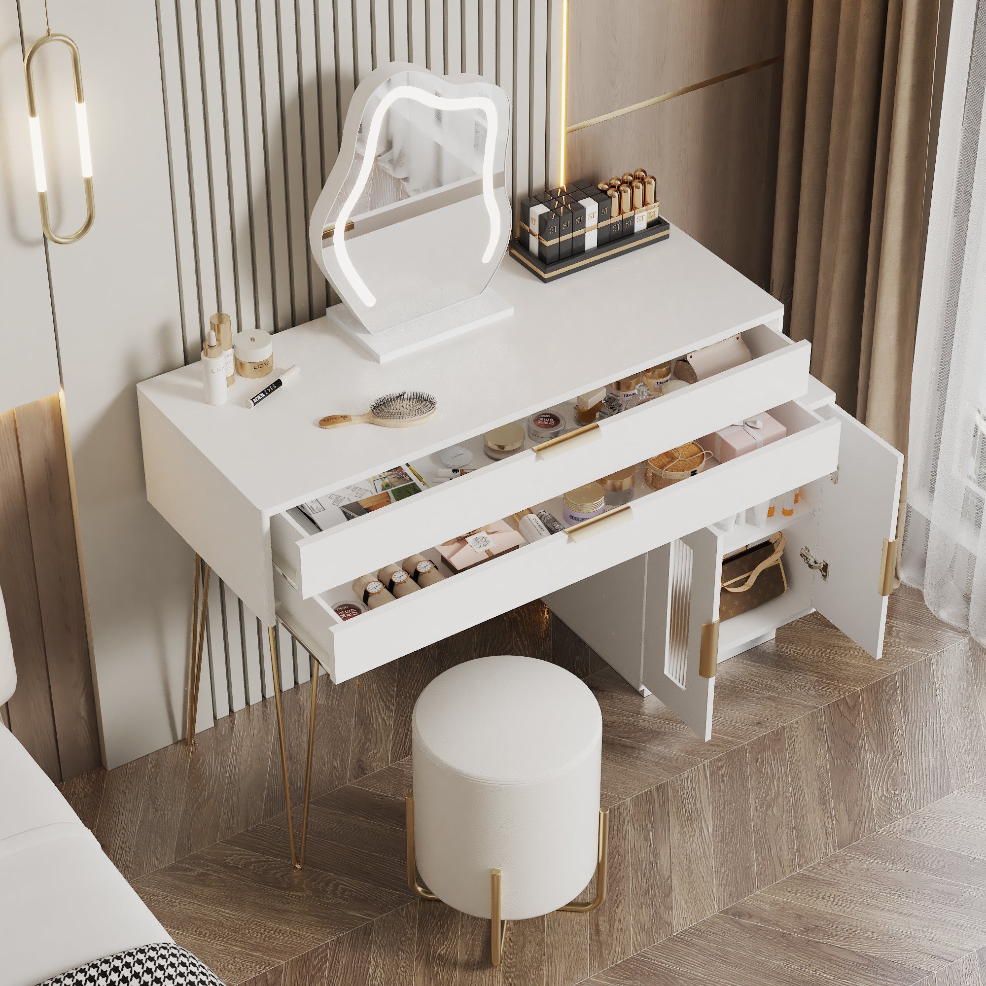 Dressing table with LED-lit mirror, extendable design, white