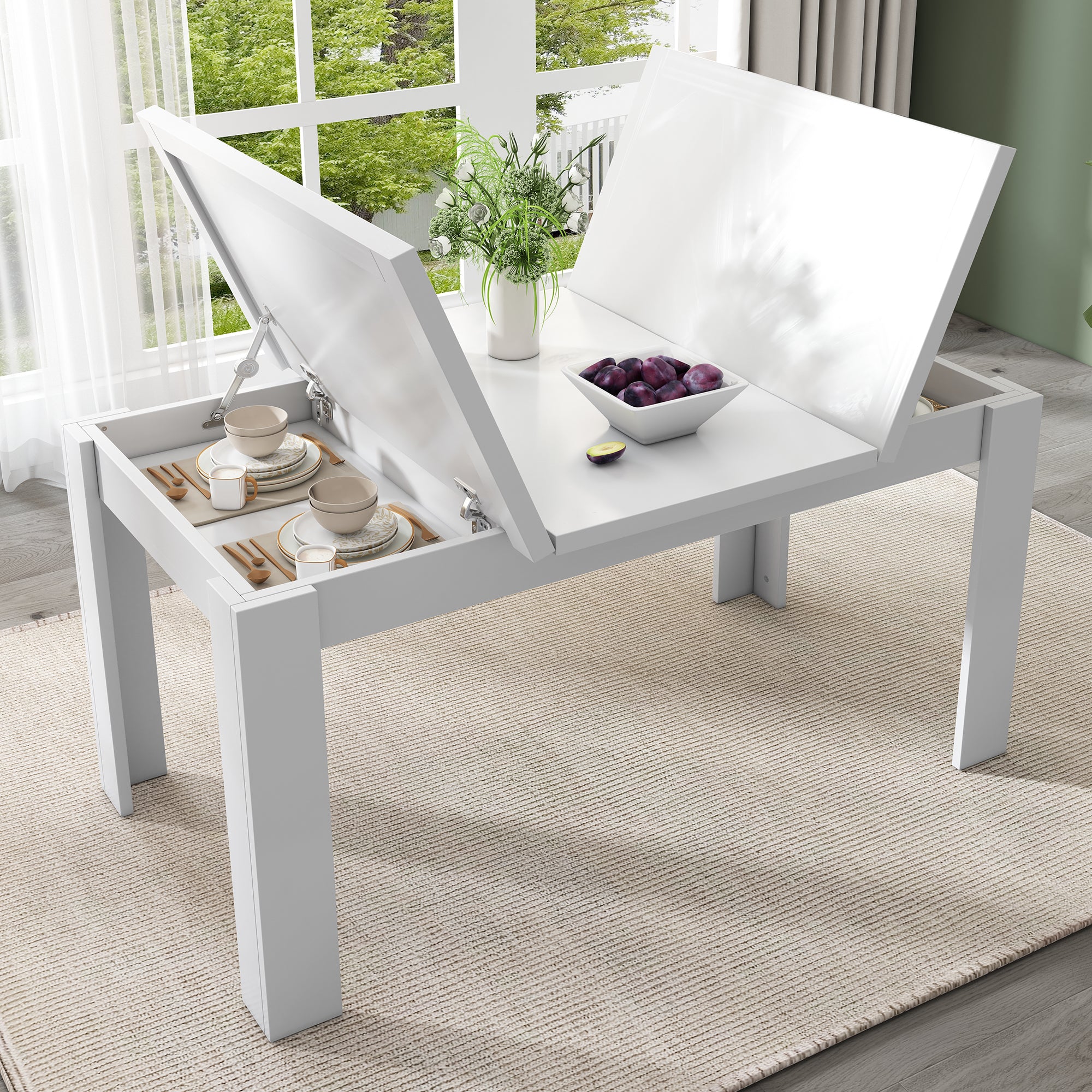 Dining Table 120x70cm Rectangular Storage Space-Saving - White