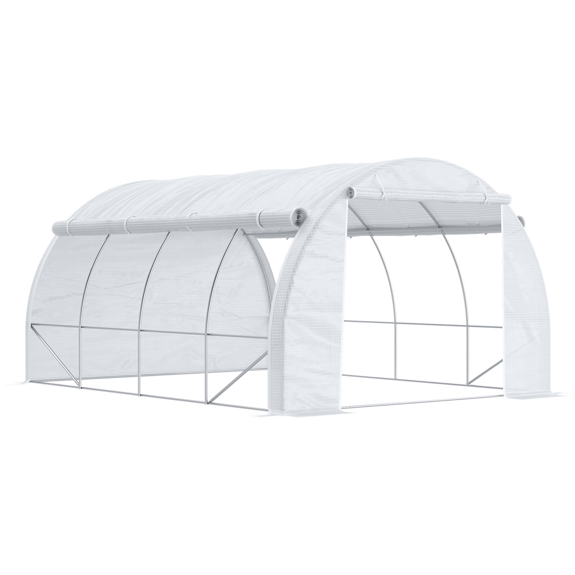 4 x 3 x 2 m Polytunnel Greenhouse Roll-up Sides, Steel Frame, 12 Mesh Windows, White