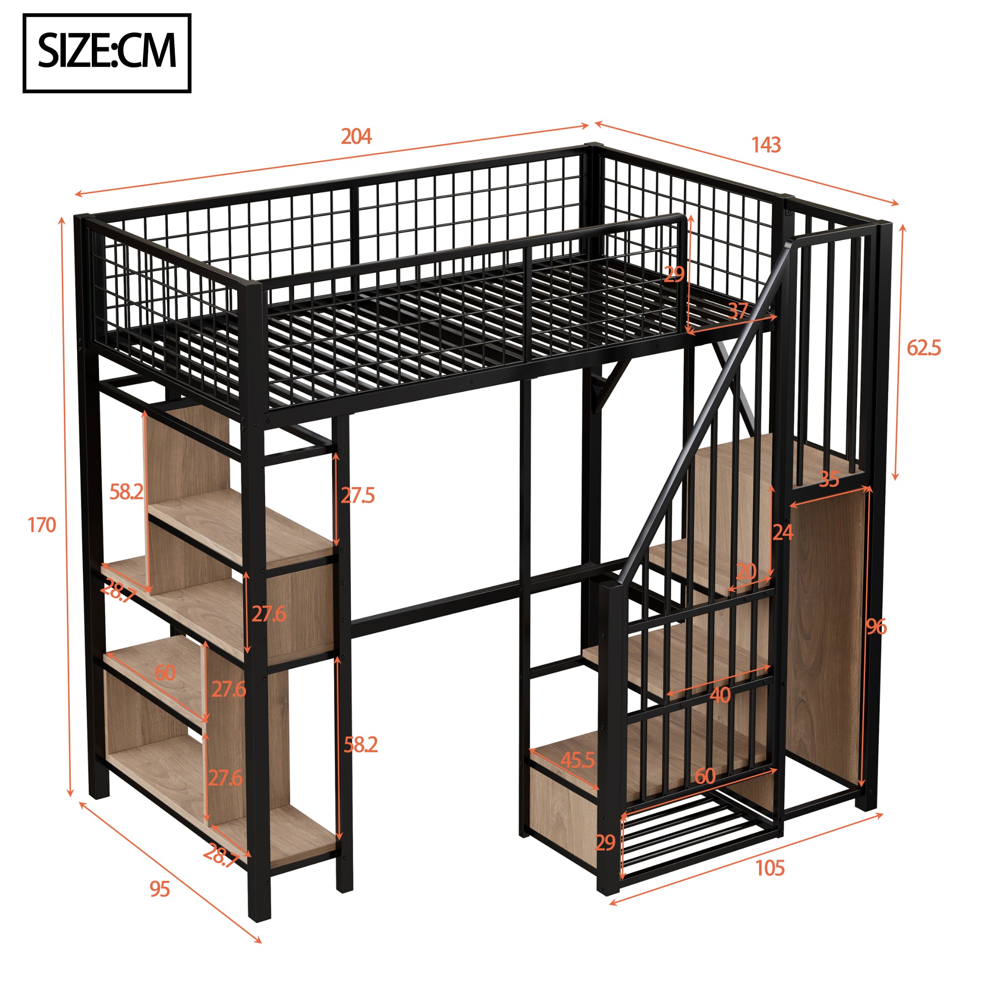 Loft Bed, 90 x 200 cm, Storage, Shelves & Stairs, Metal Black