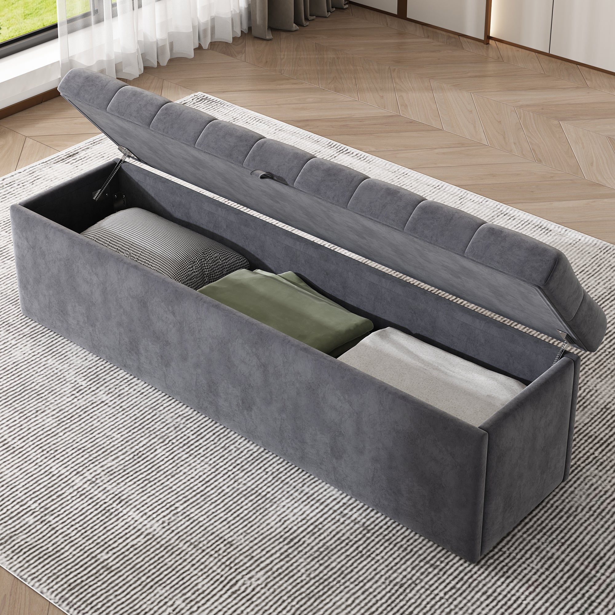 Velvet Upholstered Bench with Storage Space, Grey