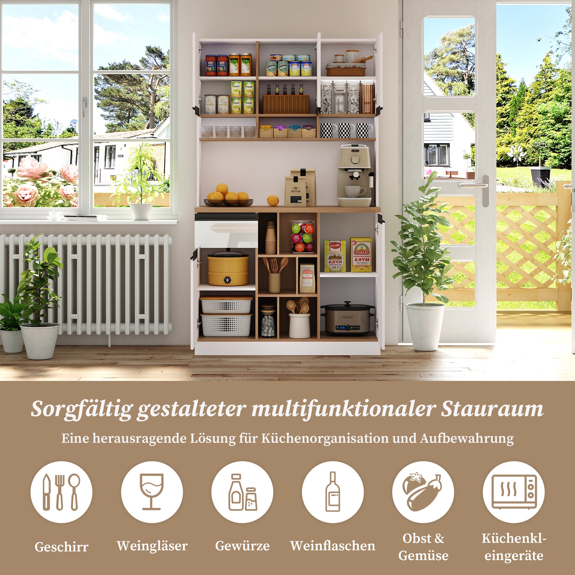 Modern Kitchen Cabinet with Drawers Adjustable Shelves Open Storage - White