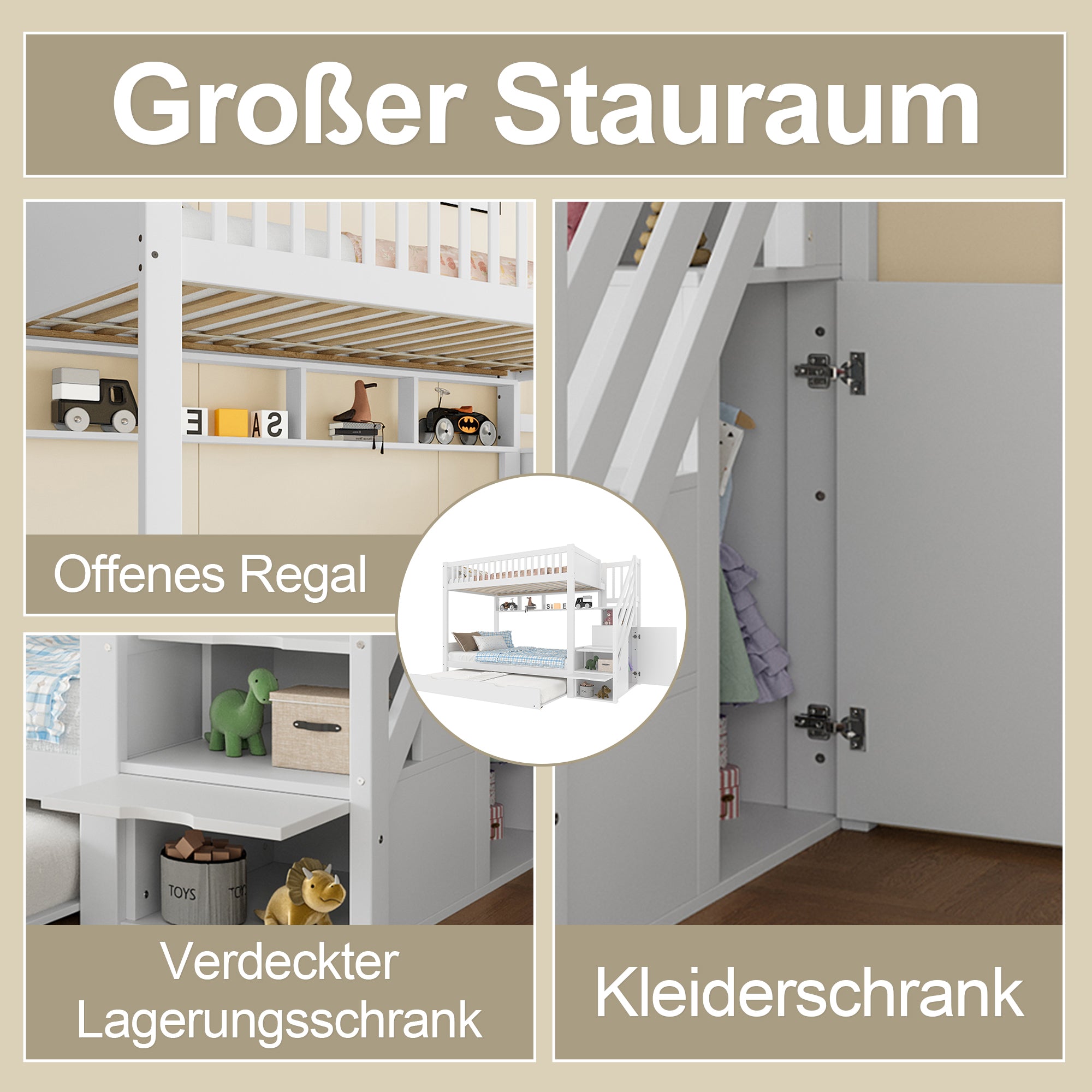 Bunk Bed with Pull-Out Bed, Wardrobe, Storage, 90x200cm, White