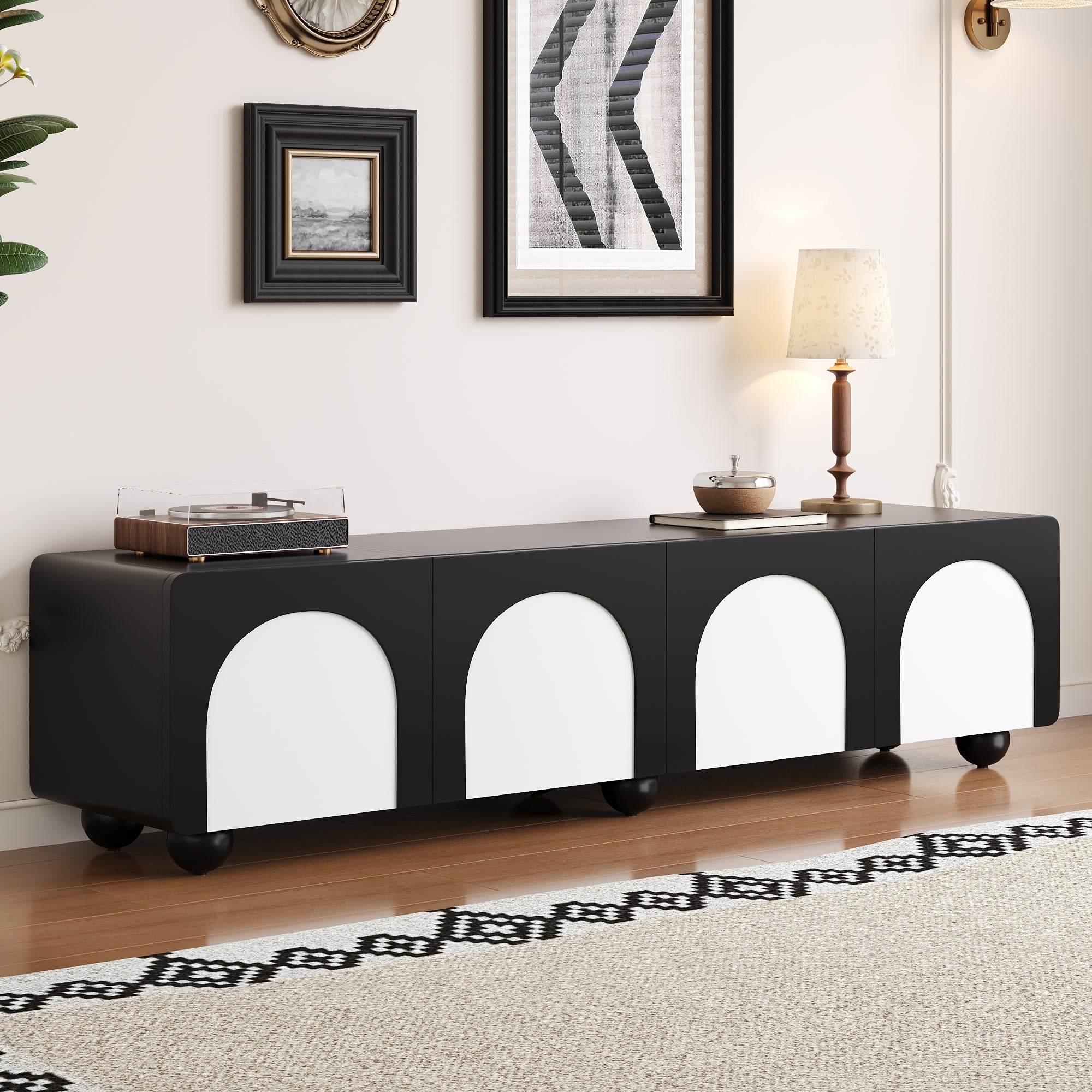 TV Cabinet with 2 Drawers, 2 Doors, Low Profile, Black and White