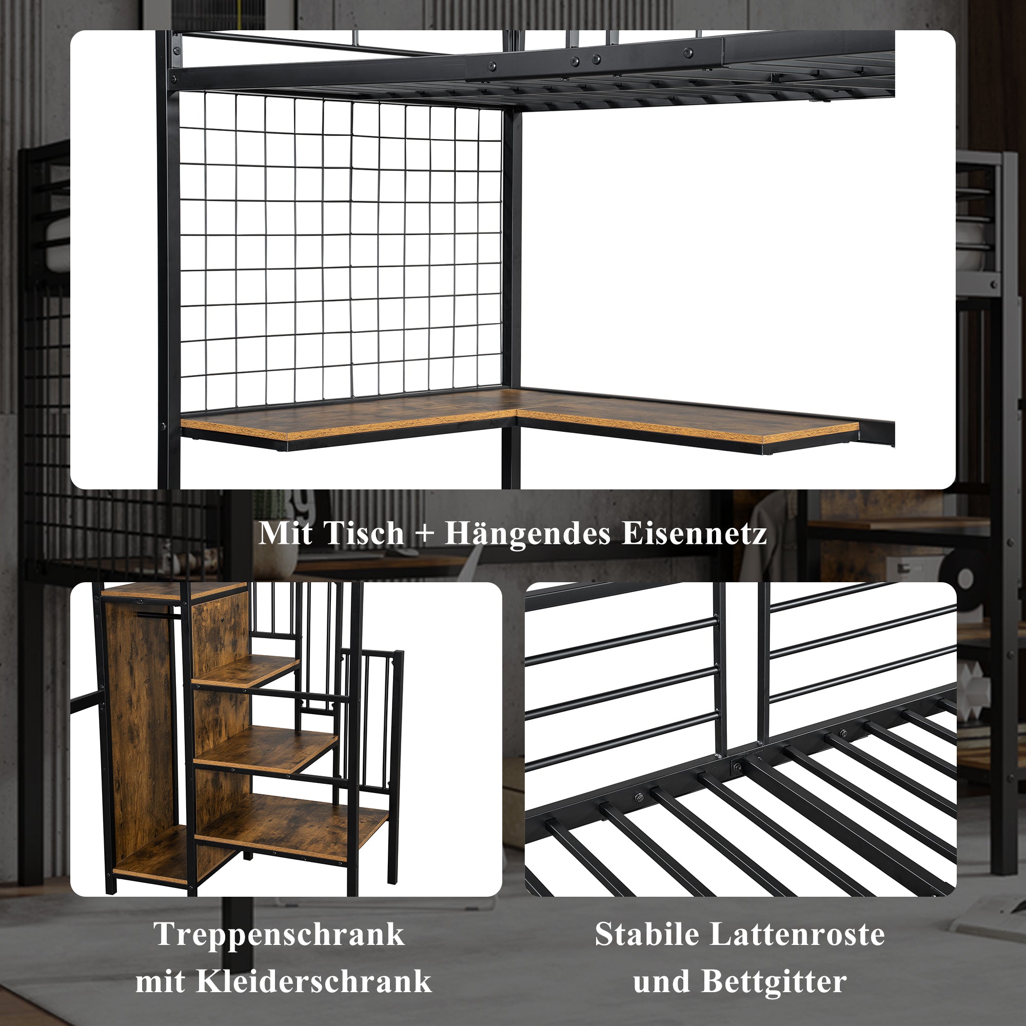Iron Bunk Bed, Loft Bed with Table & Wardrobe, 90x200cm, Black Iron & Dark Wood
