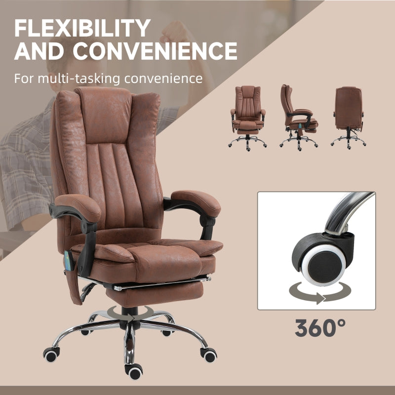 Office Chair, Massage Heat Reclining Footrest Adjustable Height Swivel, Brown Microfibre