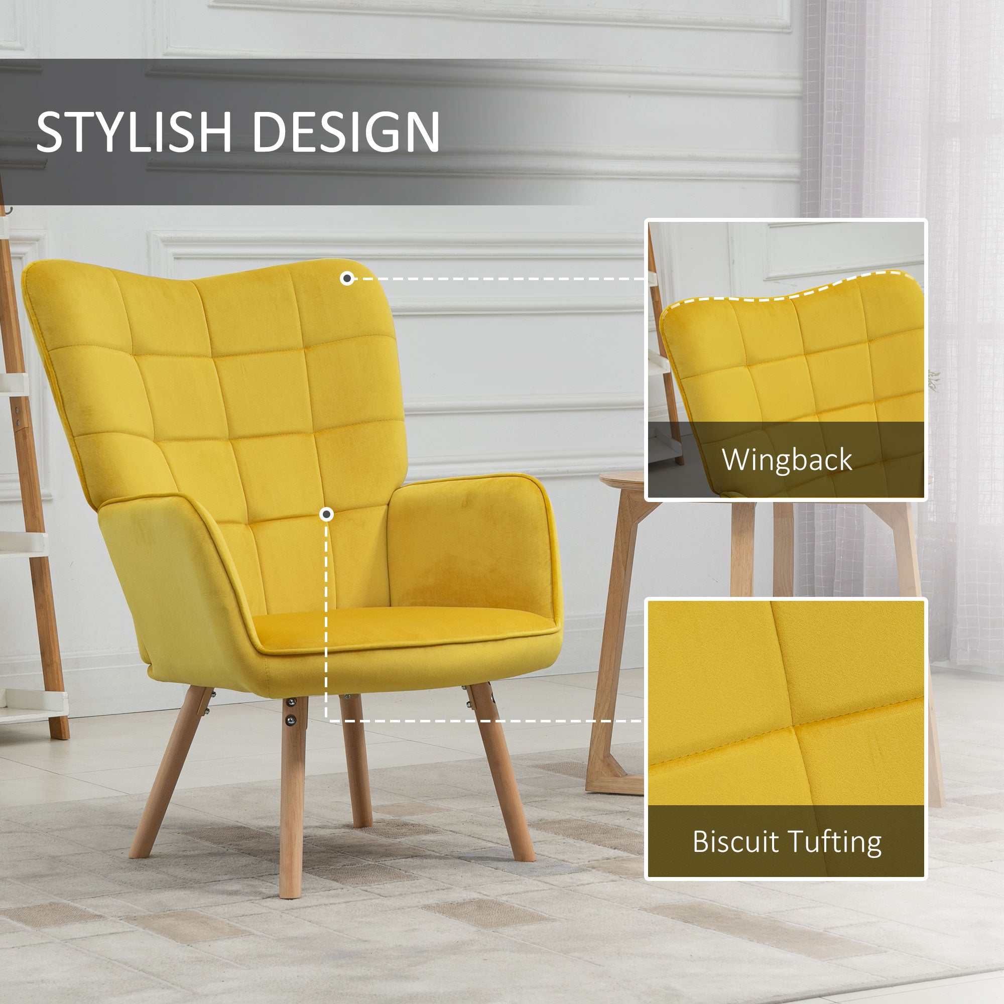 Modern Accent Chair, Tufted Wingback Armchair with Wood Legs, Yellow Velvet