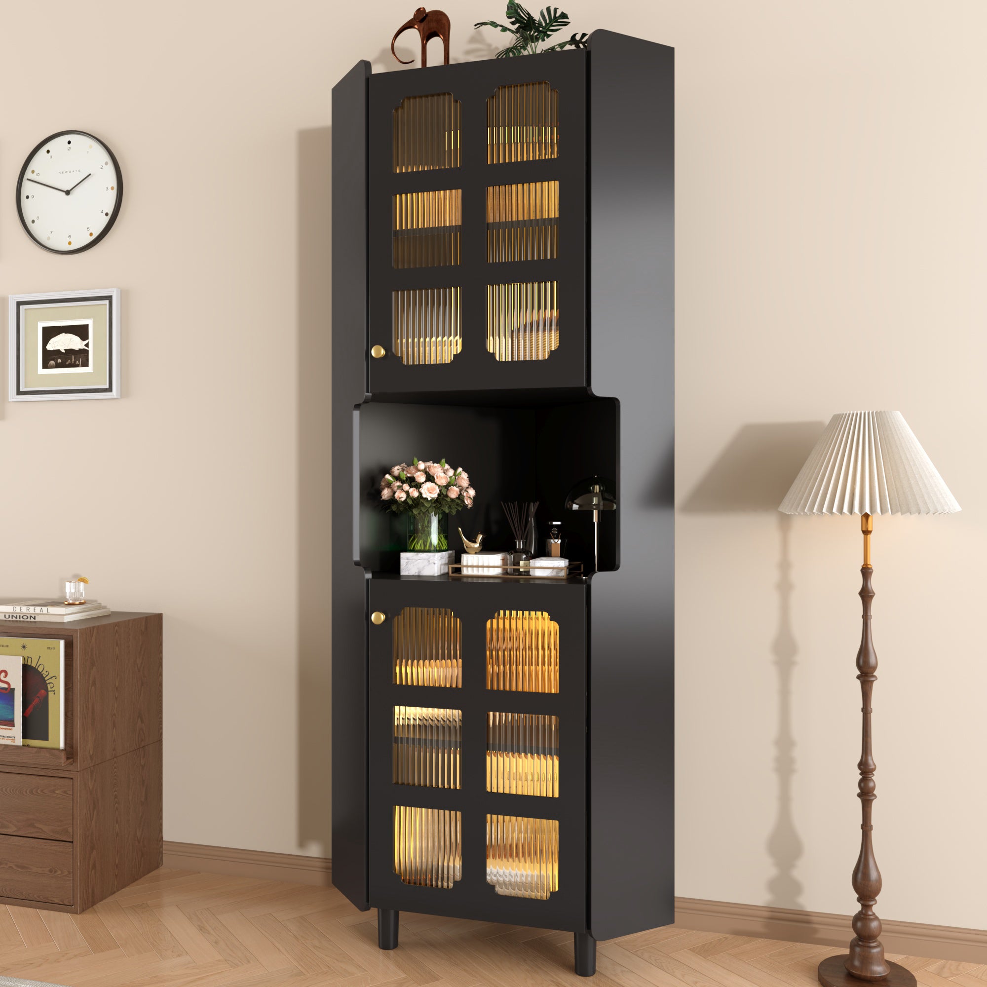 Corner Cabinet Multifunctional LED Storage - Black Lacquer Finish