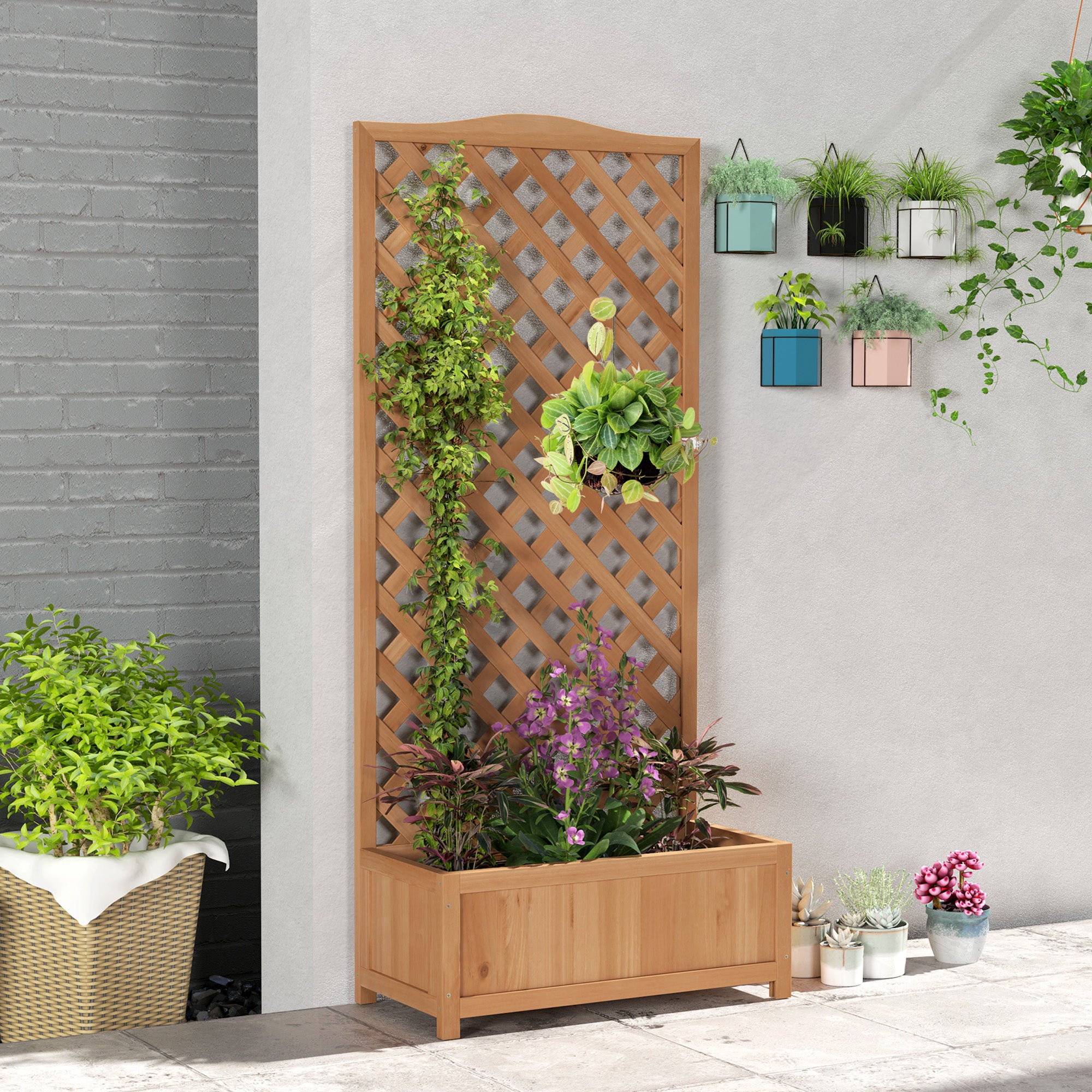 Garden Wooden Planter Box with Trellis Free Standing Raised Bed Brown