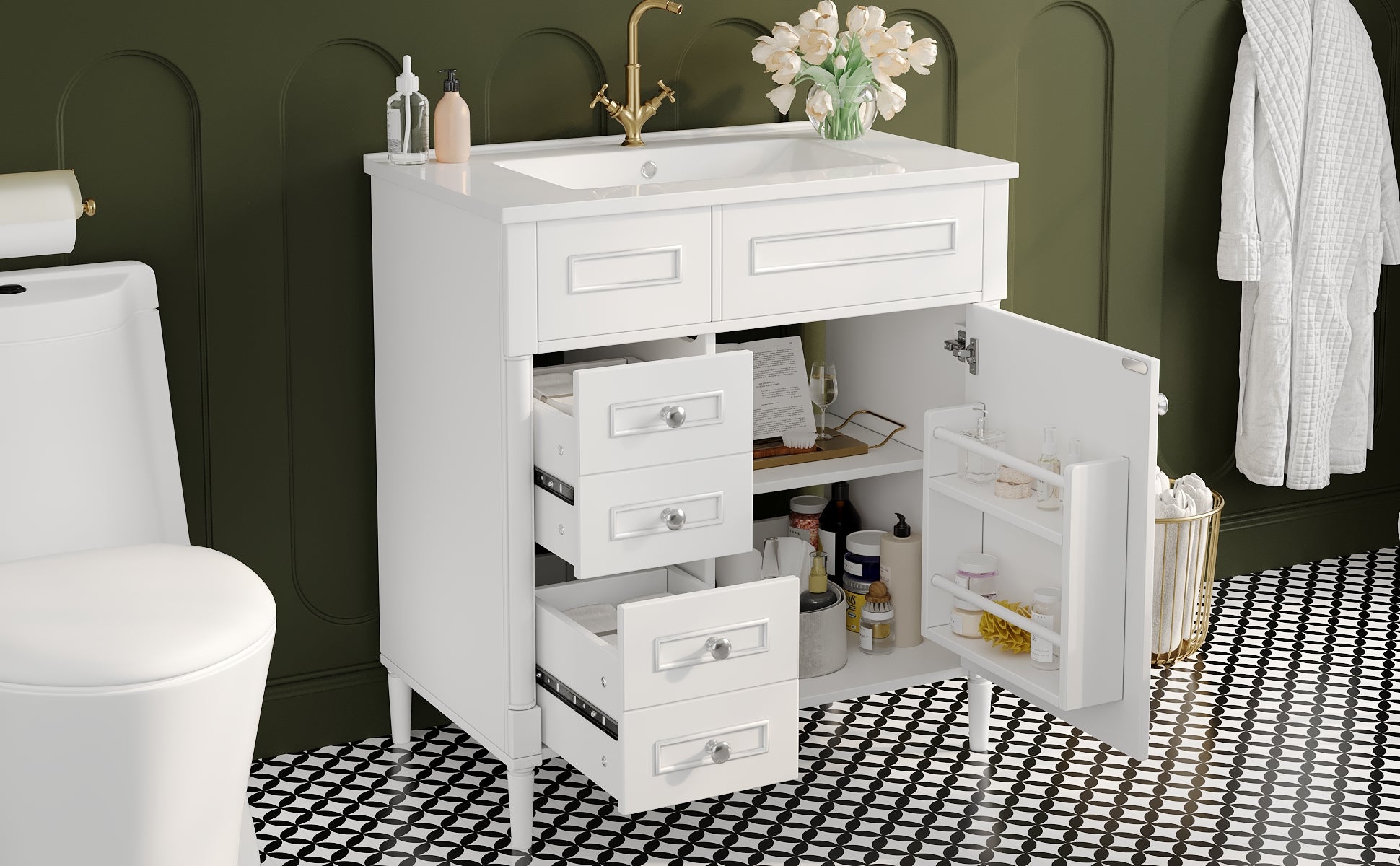 Bathroom Vanity Unit with Sink and 2 Storage Drawers, White