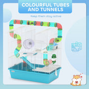 4 Tier Hamster Cage with Tubes, Exercise Wheel, Hut, Water Bottle, Food Dish, Ramps - Light Blue