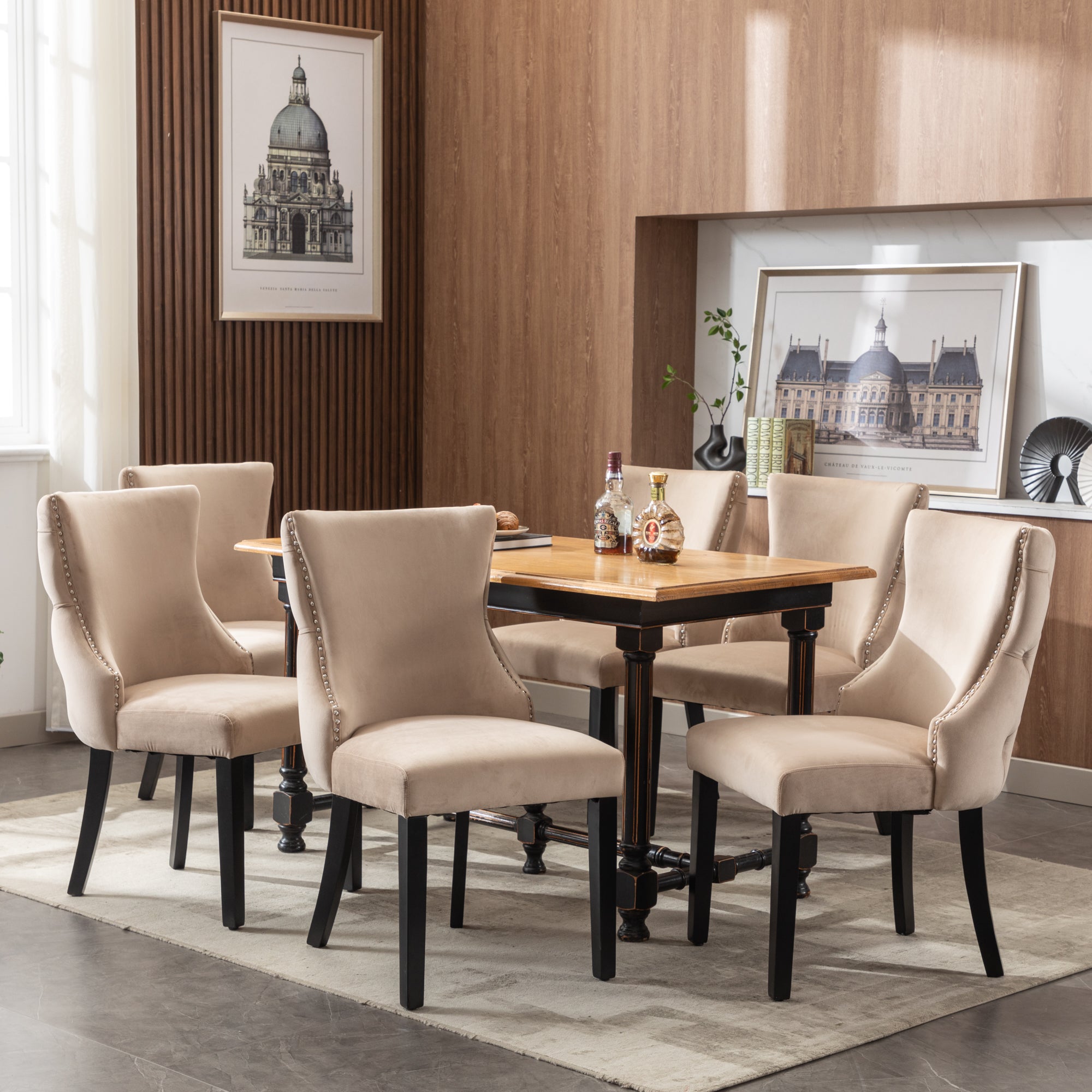 Chair (Set of 6), Dining with Button Stitching, Solid Wood Frame, Beige Velvet