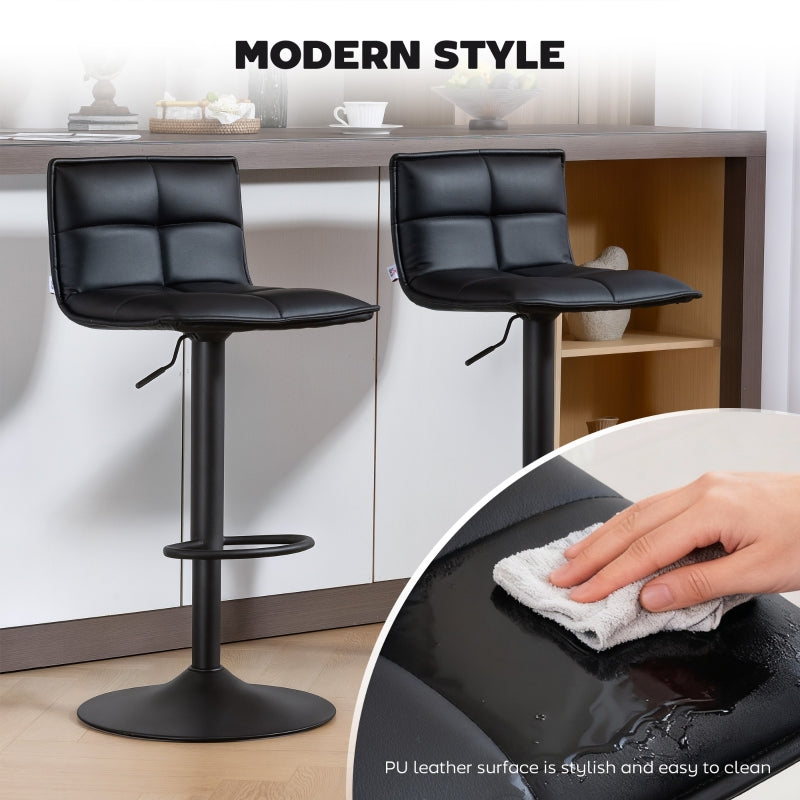 Set of Two Modern Bar Stools Adjustable Swivel Black Faux Leather