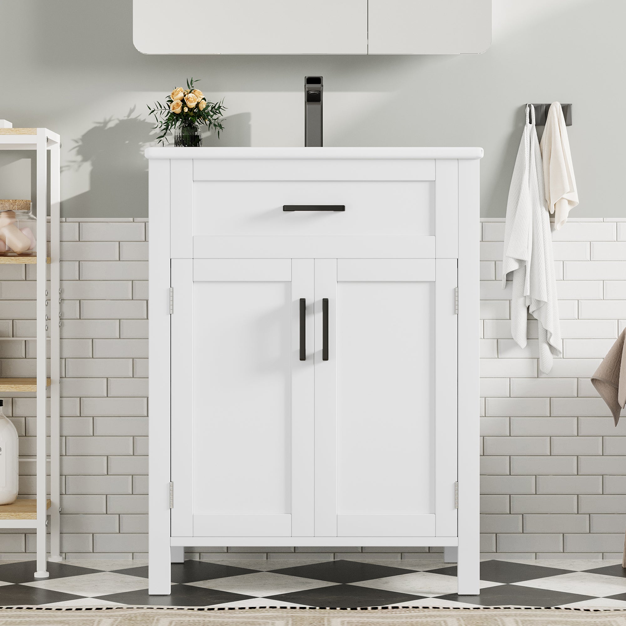 Bathroom Vanity Unit with Ceramic Sink and Adjustable Shelves, White