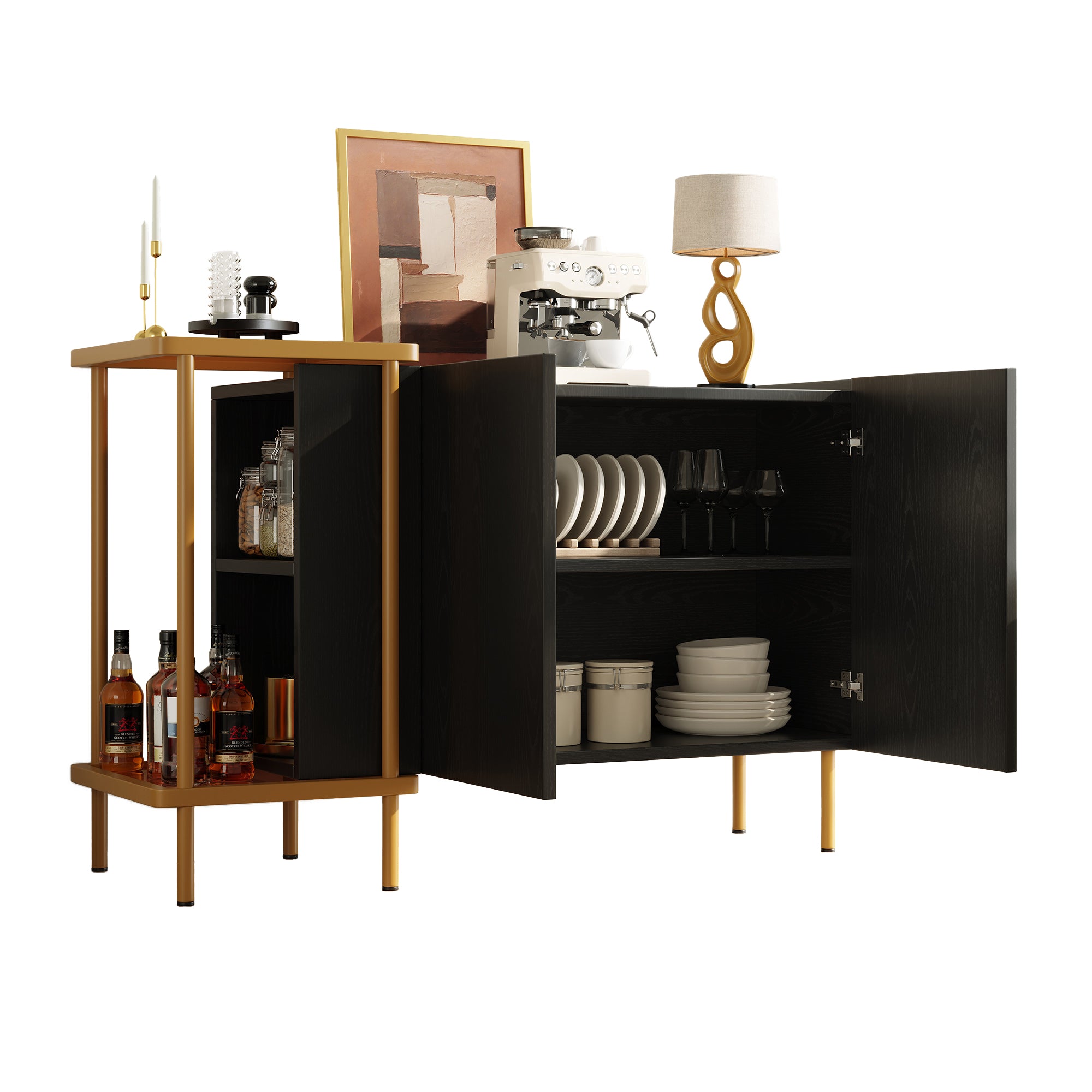 Sideboard Cabinet, 2 Doors & 2 Open Compartments, Metal/Glass, Black