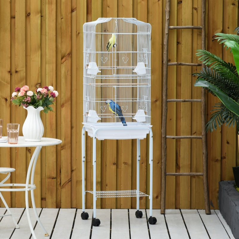 Bird Cage with Stand Wheels Slide-out Tray Storage Shelf, White