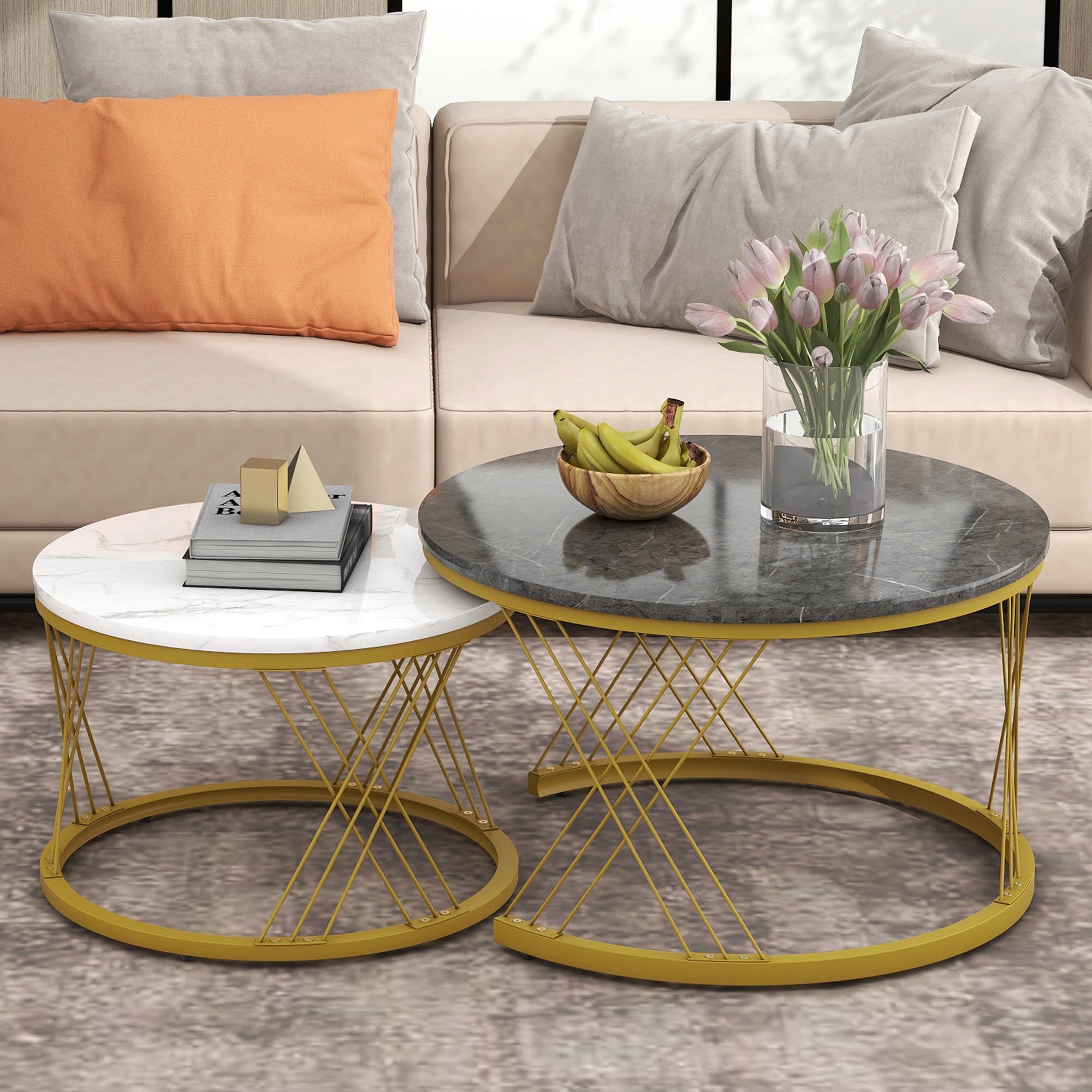 Nesting Coffee Table Set Modern Round Set of 2 Marble Veneer - Gold Frame