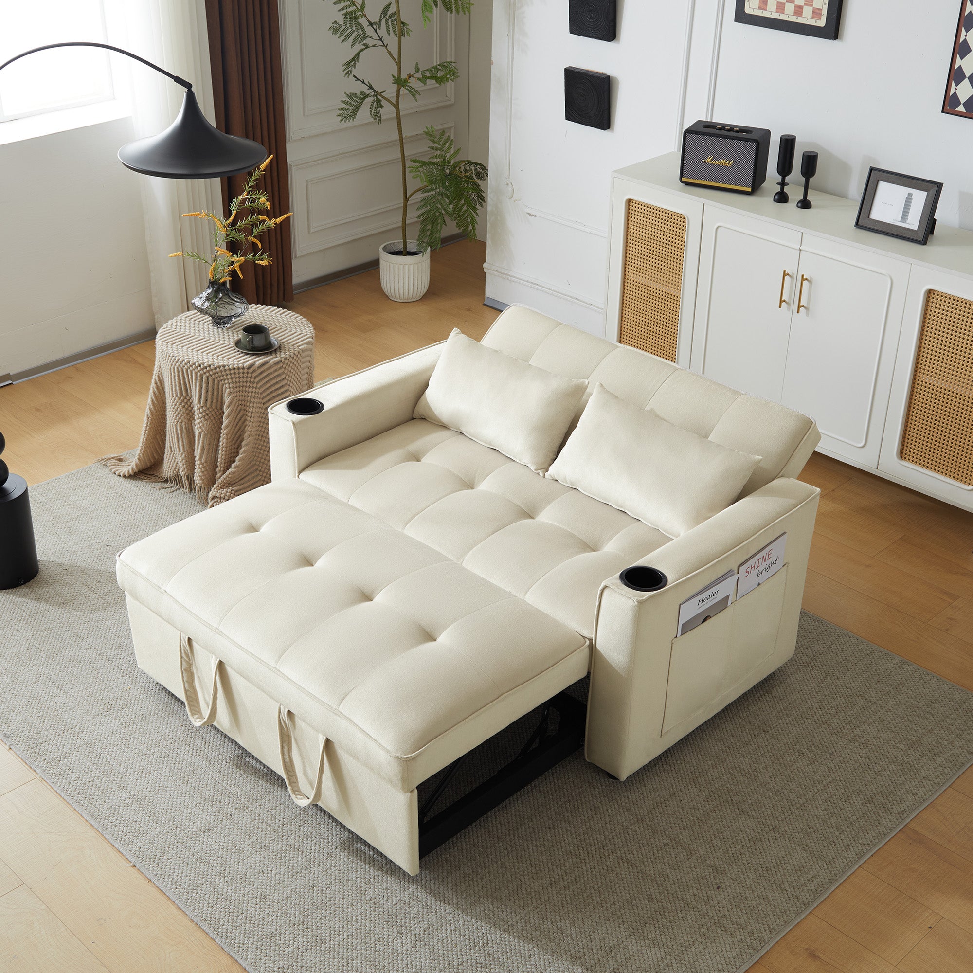Folding Sofa Bed, Multifunctional with Cup Holder & Pillow, for Living Room, Bedroom, Home Theater
