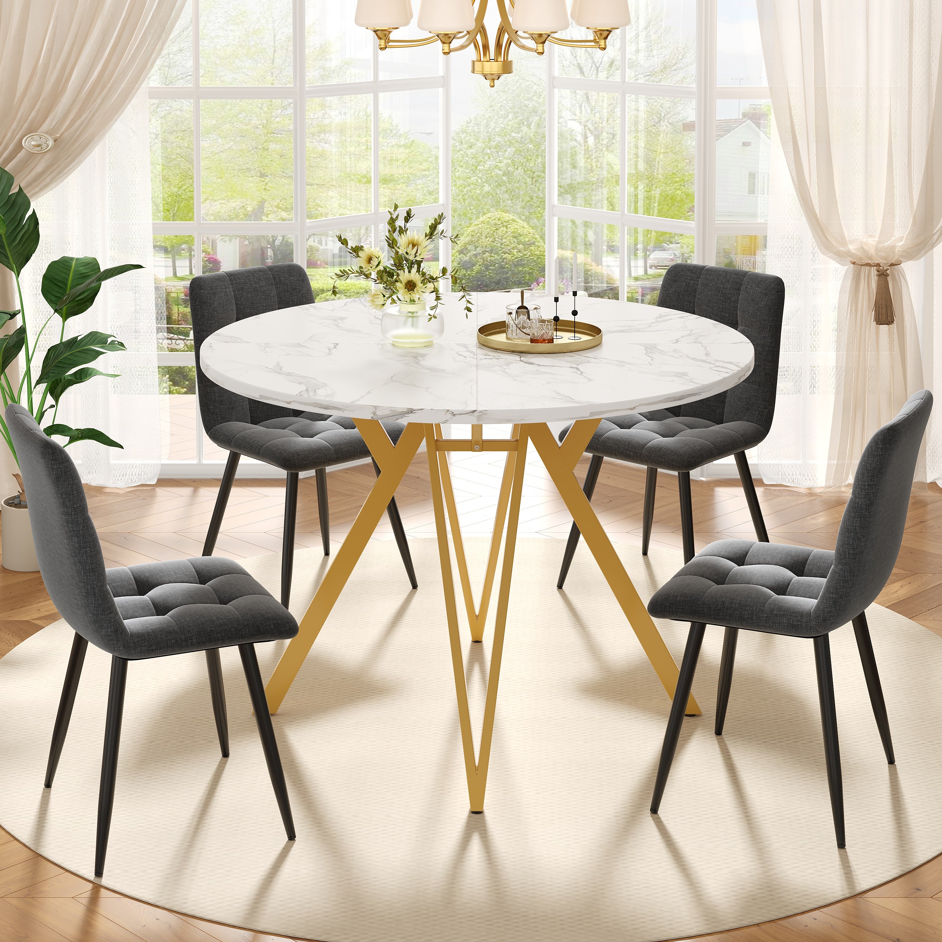 Dining Table Set, 5-Piece Round with Gold Metal Legs, Grey