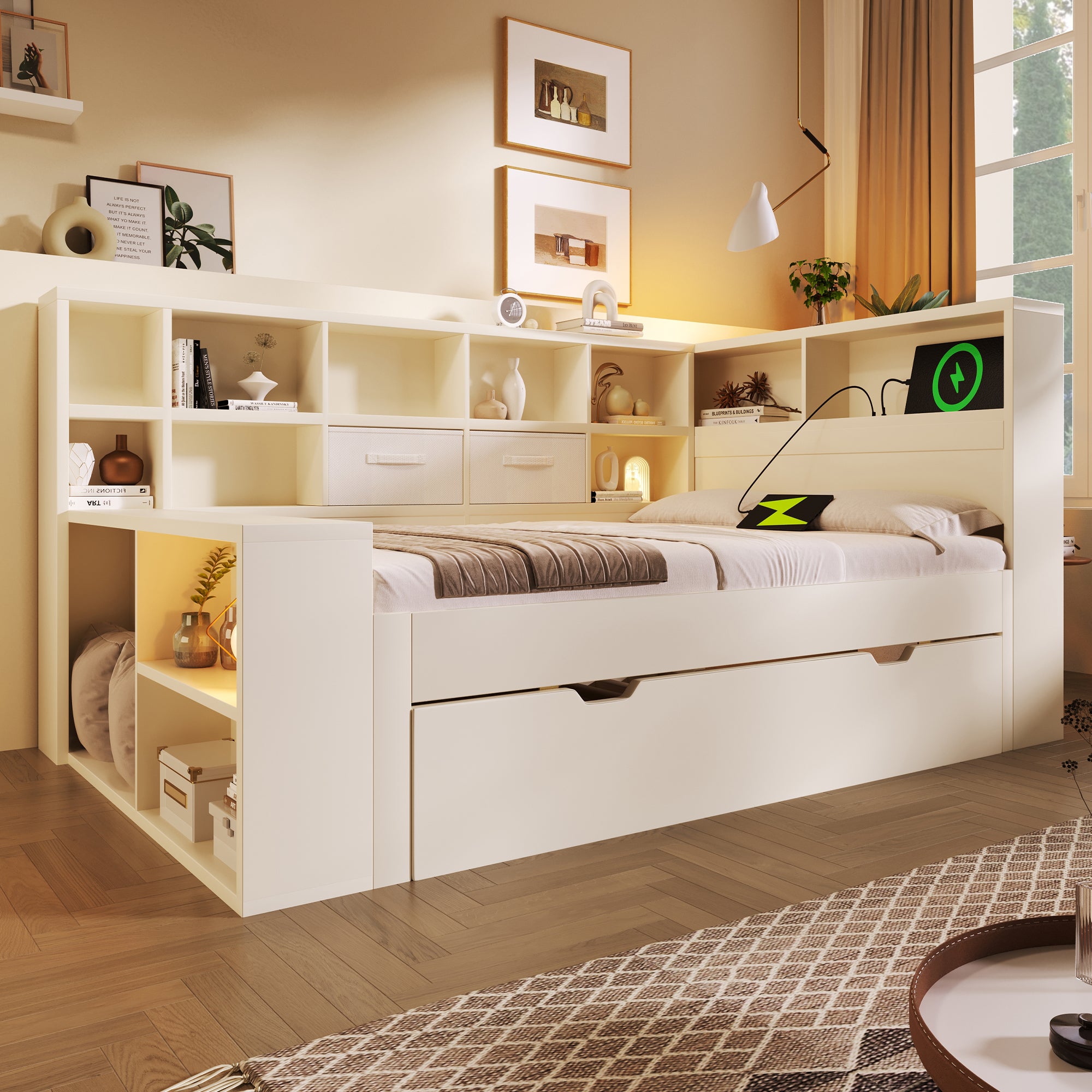 Single Bed 90x190 Pull-out Bed Storage USB/Type-C Charging White Wood