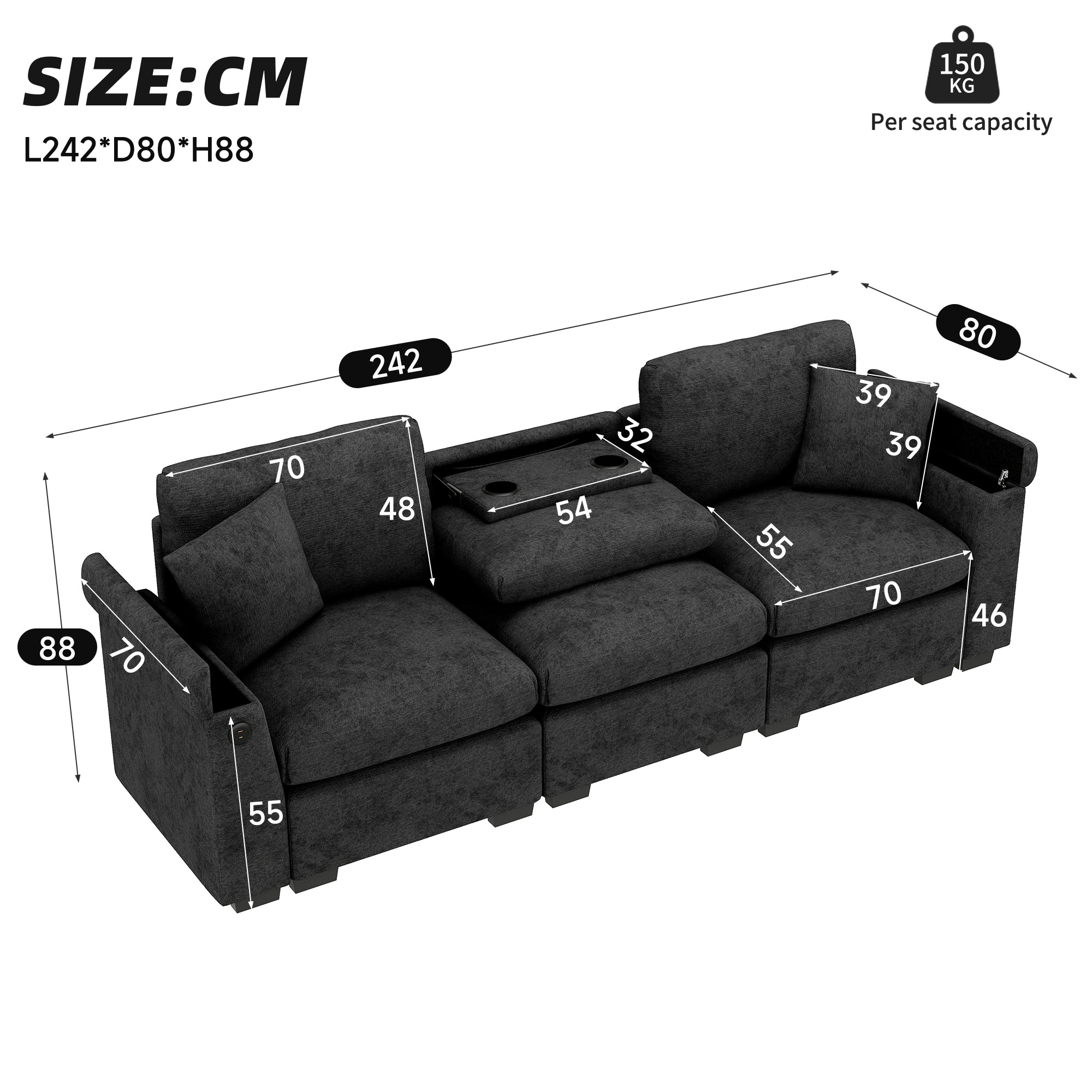 Sofa Three-Seater with Folding Table, USB, Drink Holder & Storage, Chenille