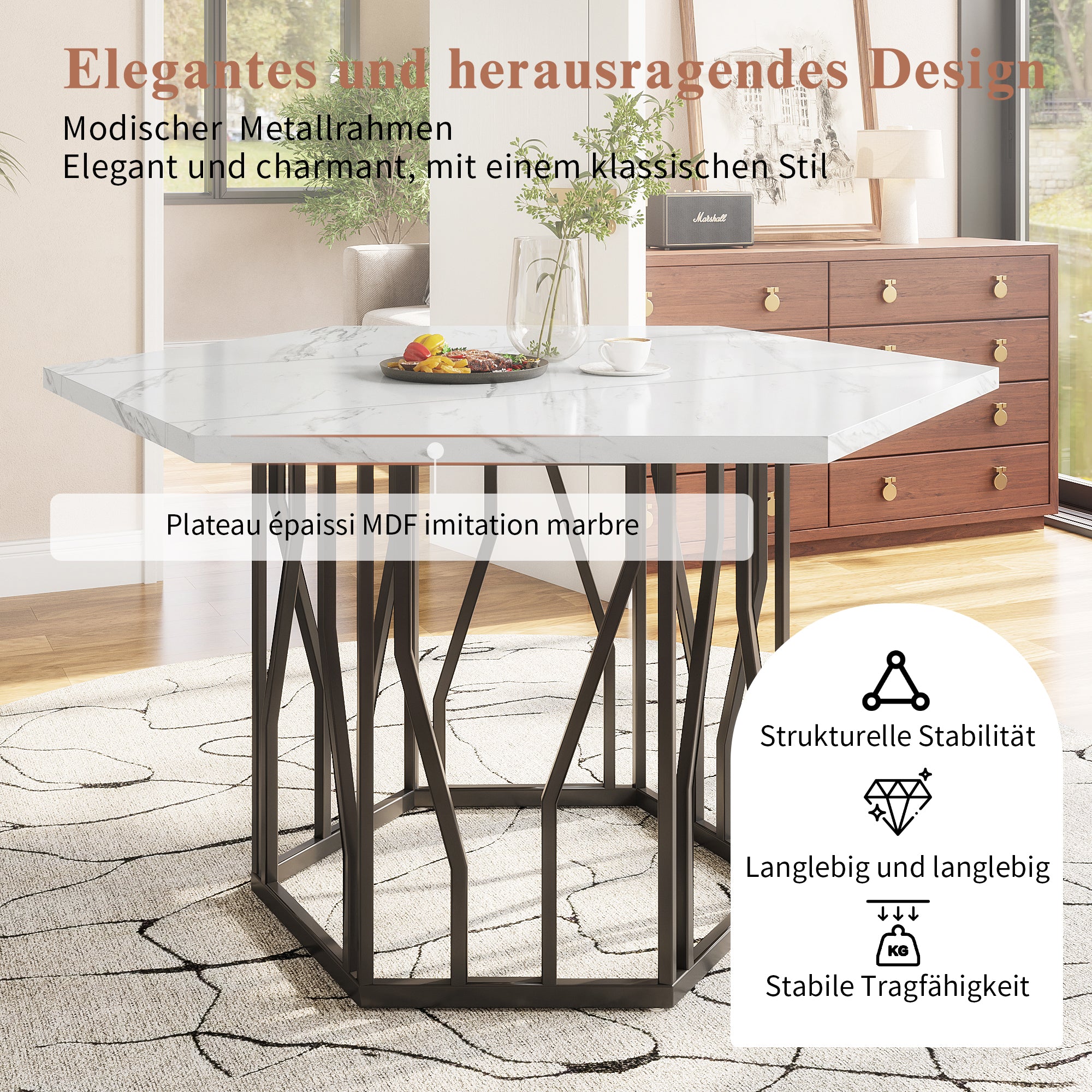 Dining Table and Chair Set, 5-Piece Hexagonal Marble with 4 Black Velvet Chairs