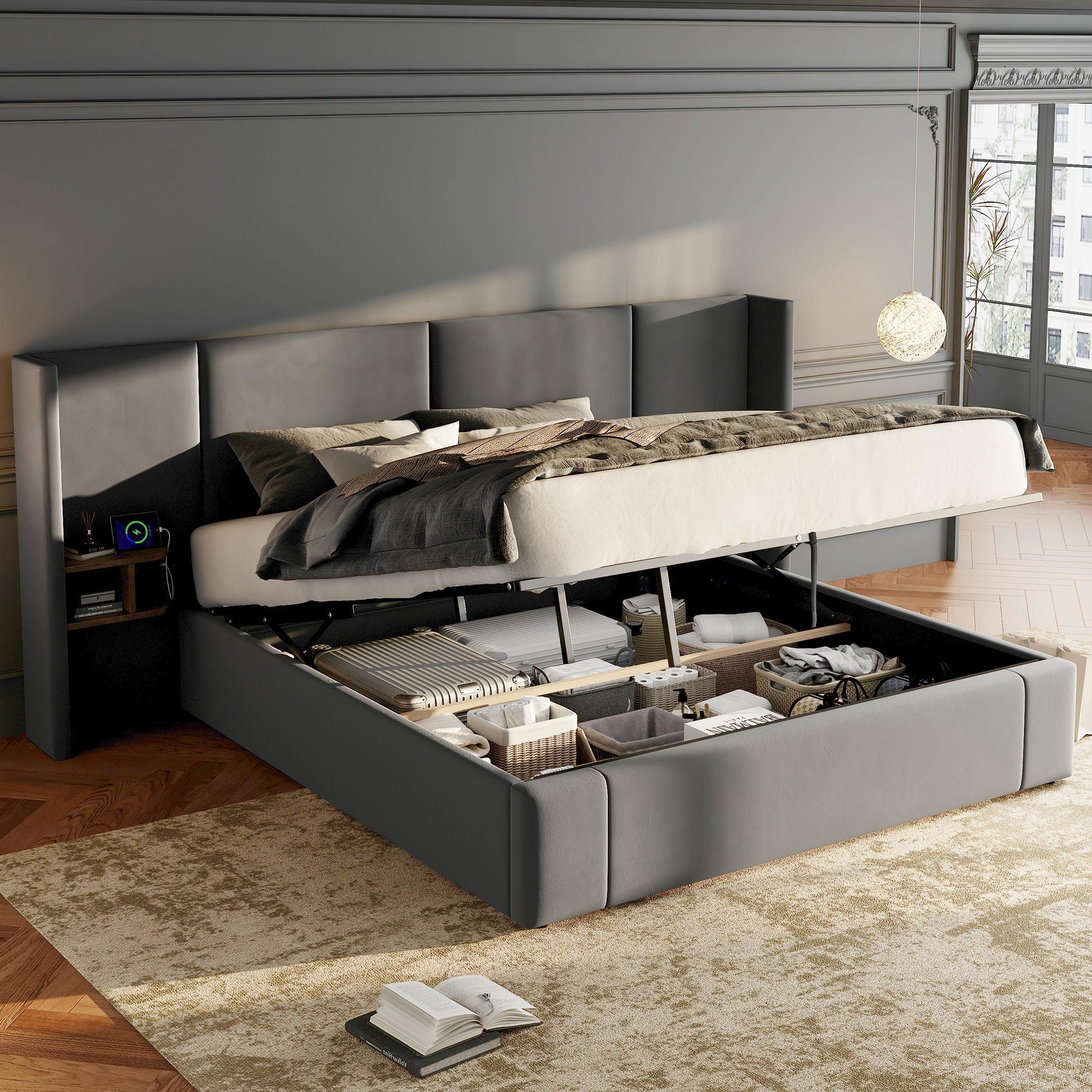 Upholstered Super King Size Bed 6ft (180*200cm) with Ottoman Lift Up, USB Connection, Sockets, and Two Bedside Tables, Velvet, Grey