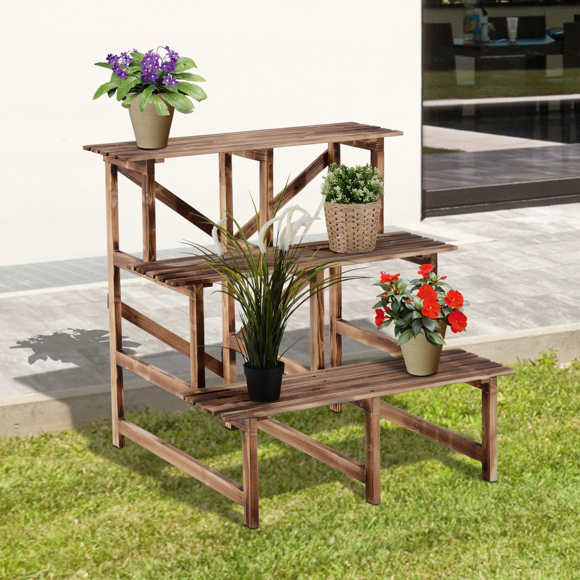 Plant Ladder Flower Shelf, 3 Steps, 80 x 80 x 78cm, Fir Wood