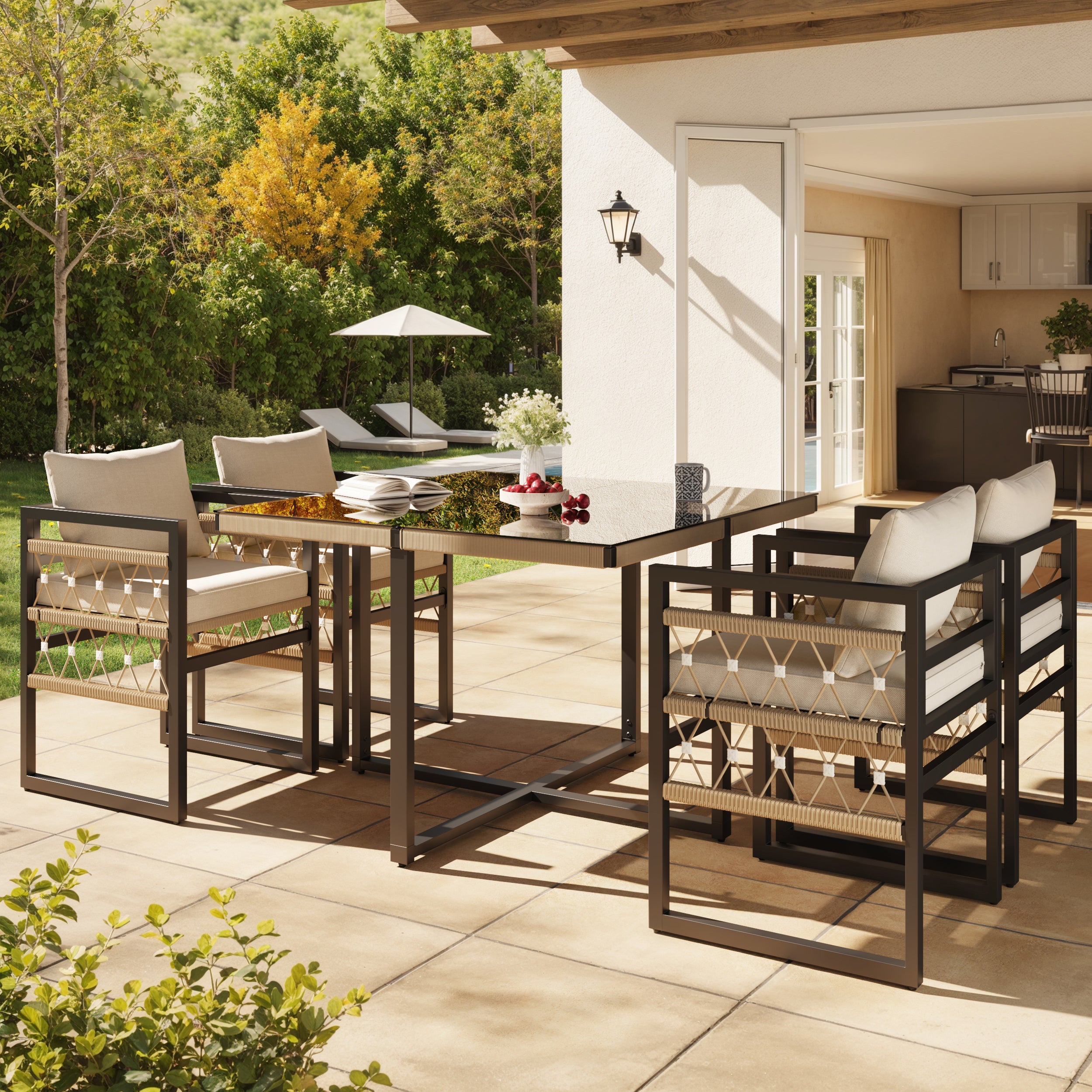 Handwoven Garden Sofa Set for 8 People with 2 Glass Tables and 8 Armchairs, Beige Iron