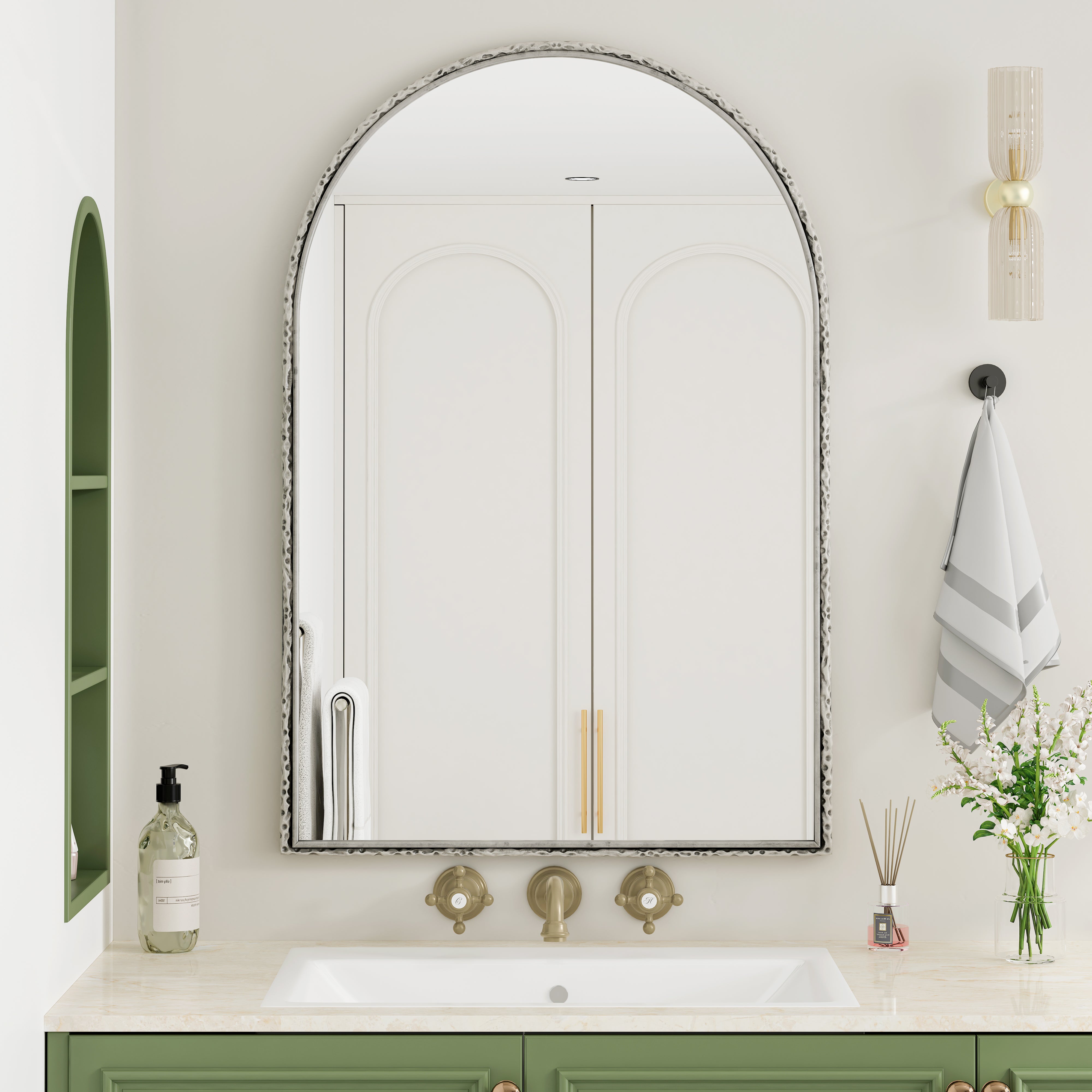 Arched Mirror, Wall/Vanity Decor for Bathroom/Living Room, Silver