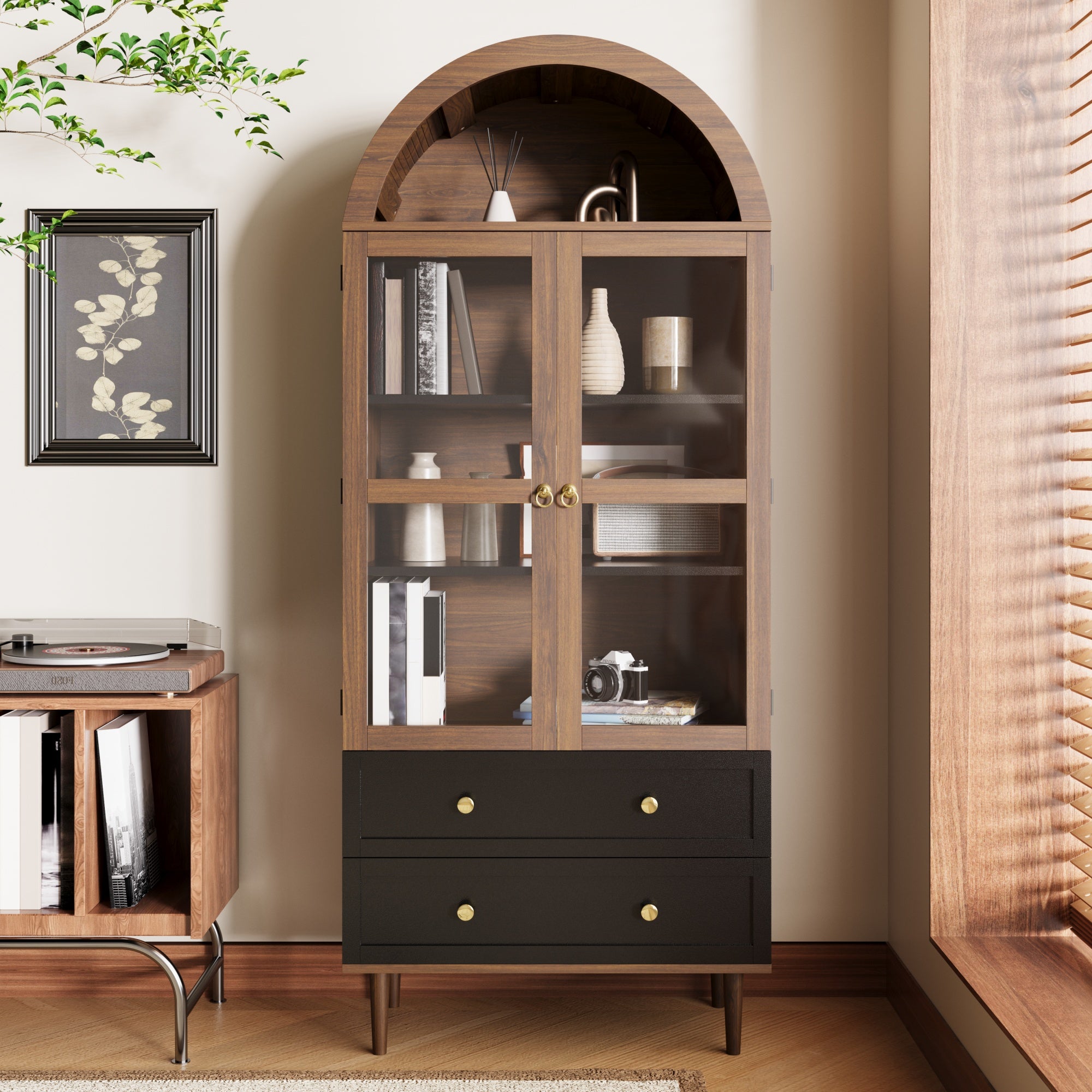 Chest of Drawers Storage Cabinet Adjustable Shelves Curved Glass Sideboard