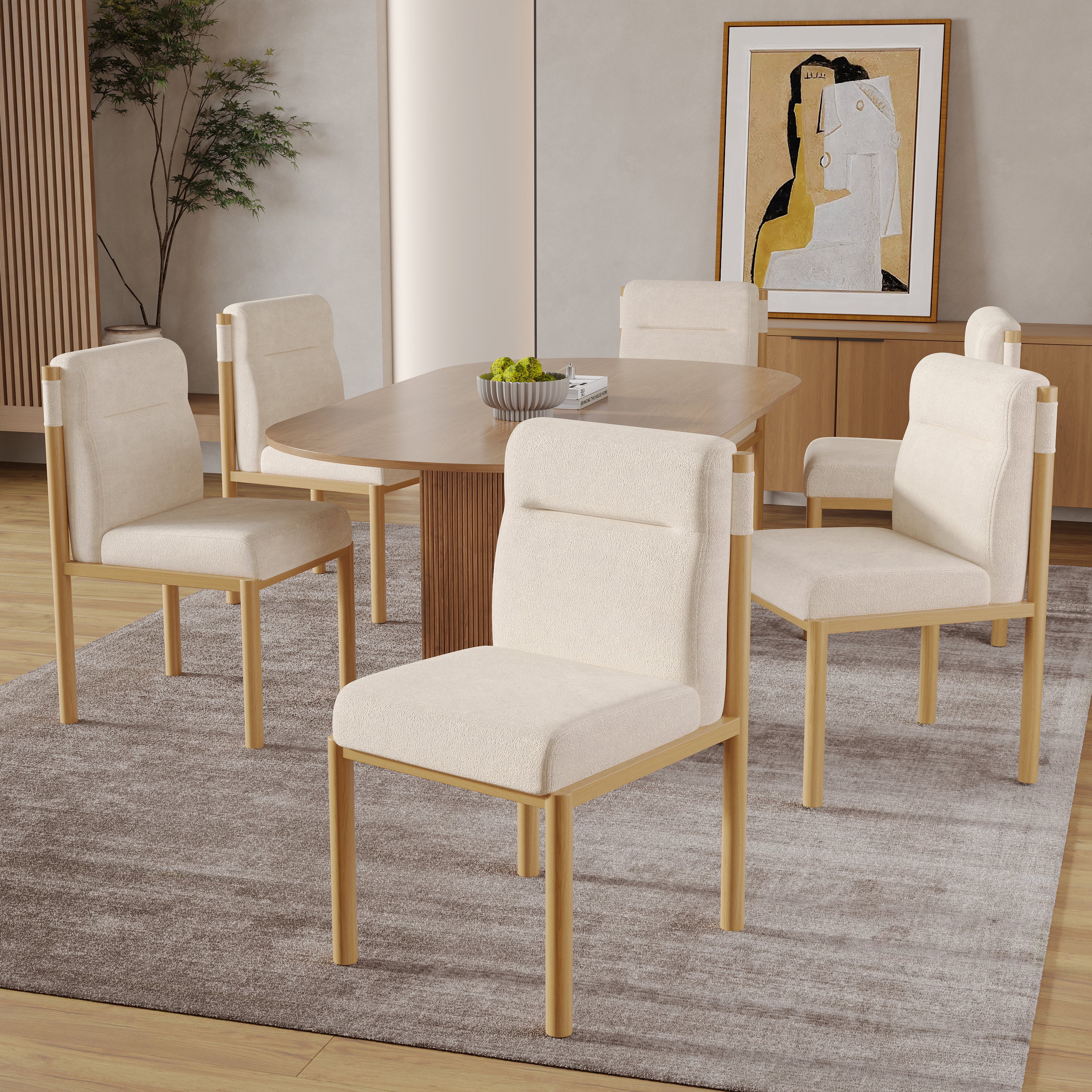 Dining Chairs, Set of 6, Oak-Effect Frame, Padded Seats, Sherpa Fabric Beige