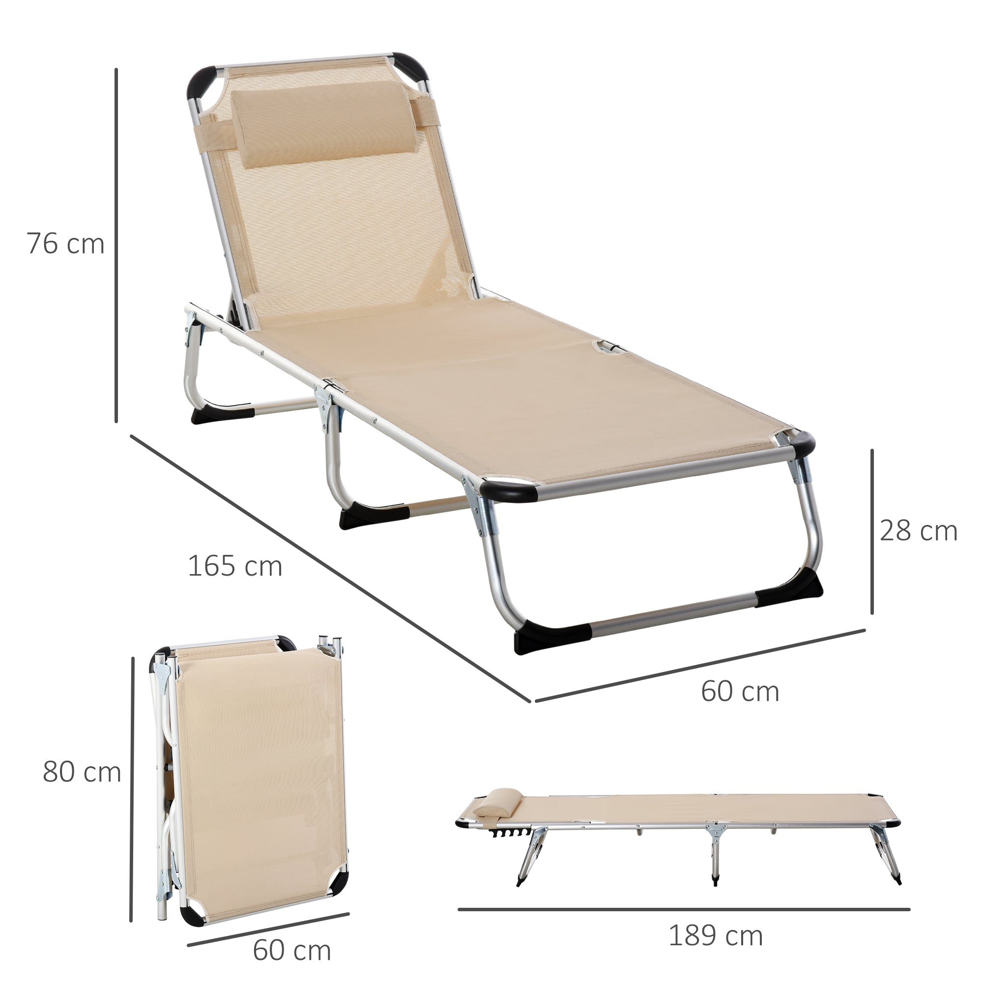 Foldable Outdoor Sun Lounger, Reclining 4-Level Adjustable Back with Pillow, Khaki Aluminium Frame