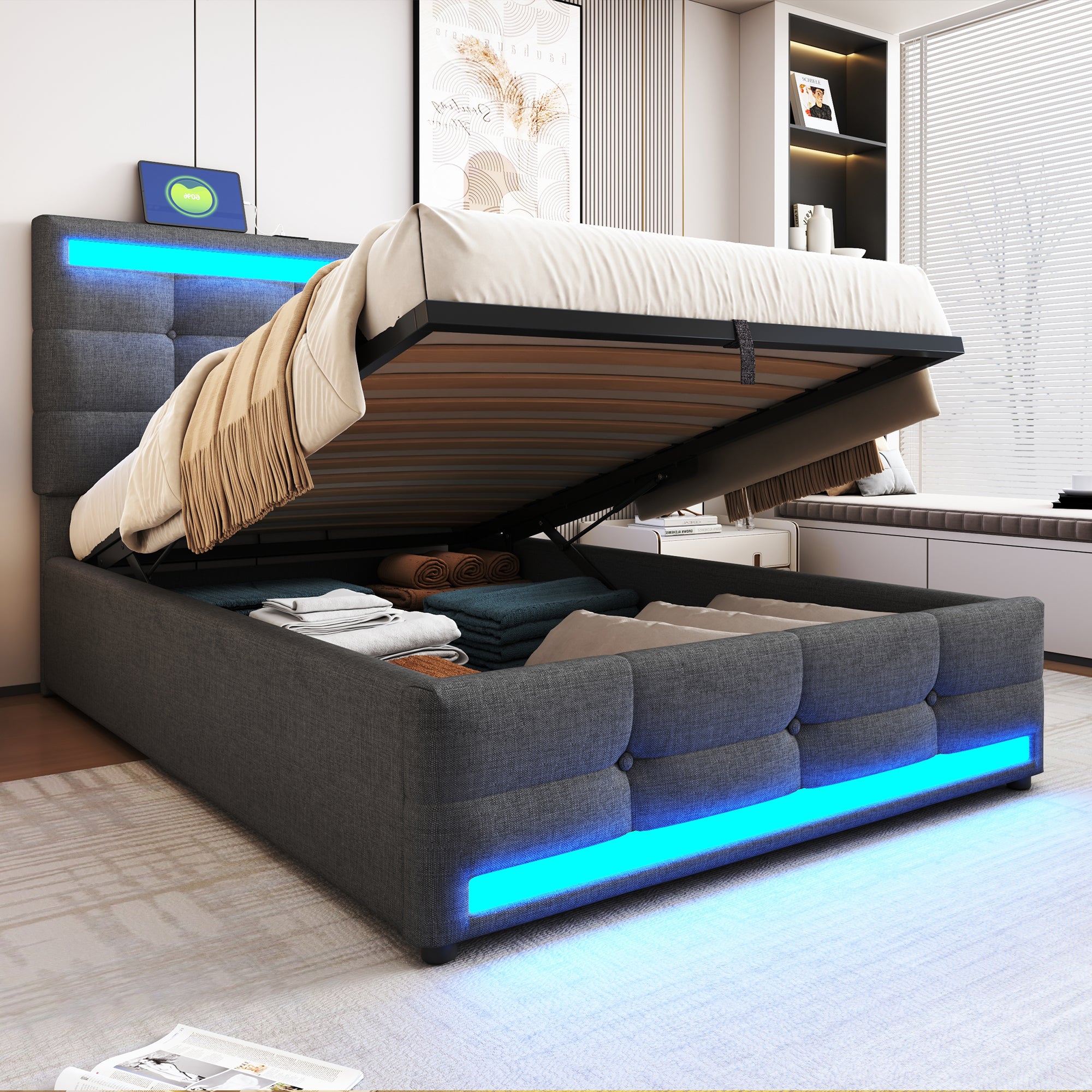 Upholstered Bed 90x200 Hydraulic Storage USB LED Light Strip, Grey Linen Single Bed