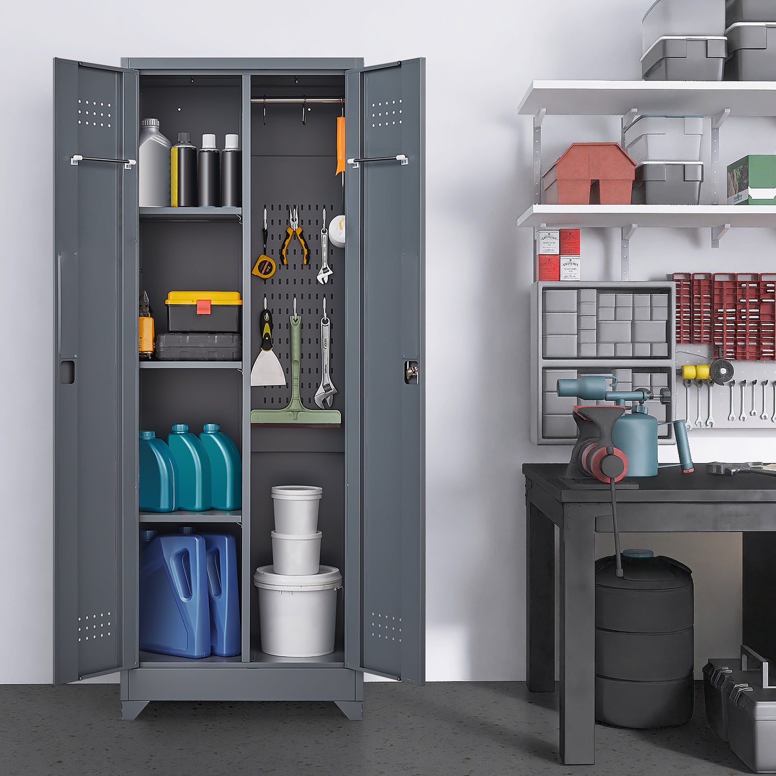 Broom Storage Cabinet with Locking Doors, Shelves and Hanging Rod, 65" H, Metal