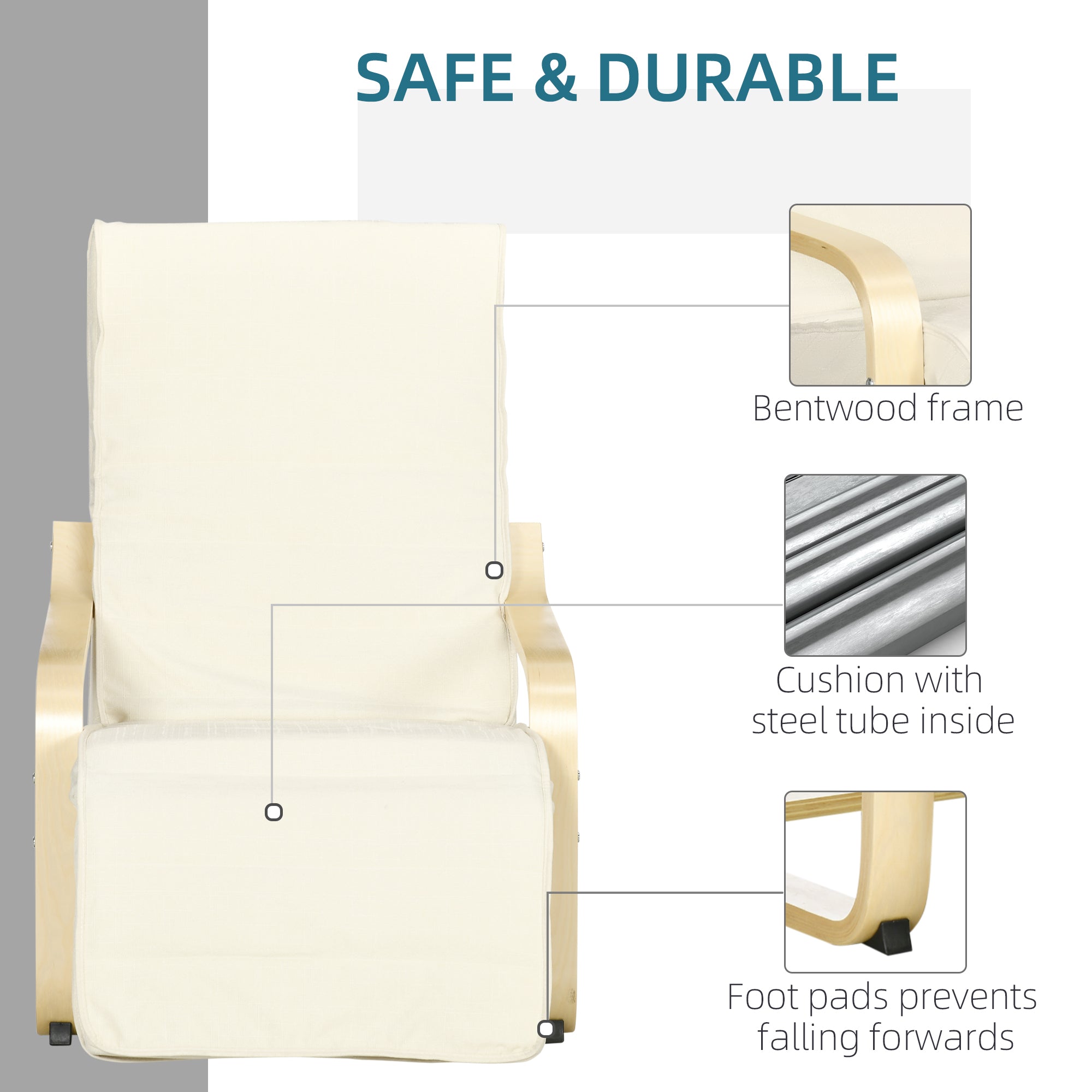 Wooden Lounging Chair with Adjustable Footrest and Removable Cushion, Cream White